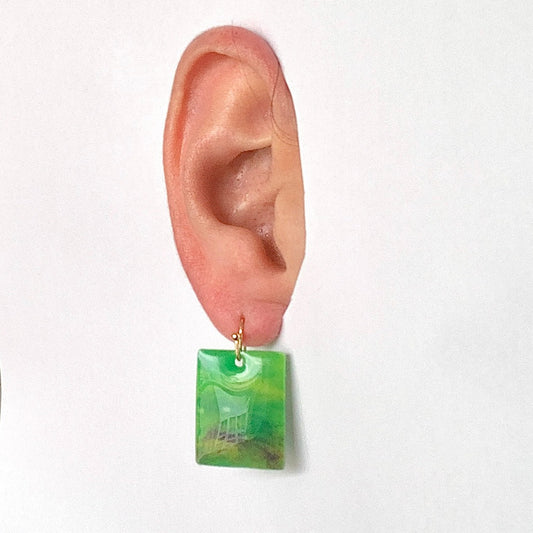 Rectangle dangling drop earrings handmade from recycled plastic light green gold artesian eco friendly crocuses