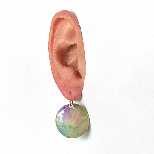 Circle dangling drop earrings handmade from recycled plastic purple gold pink green artesian eco friendly crocuses