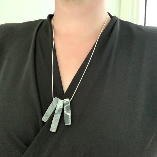 Black and White bar necklace from recycled bottle tops carrier bags eco fashion sustainable silver