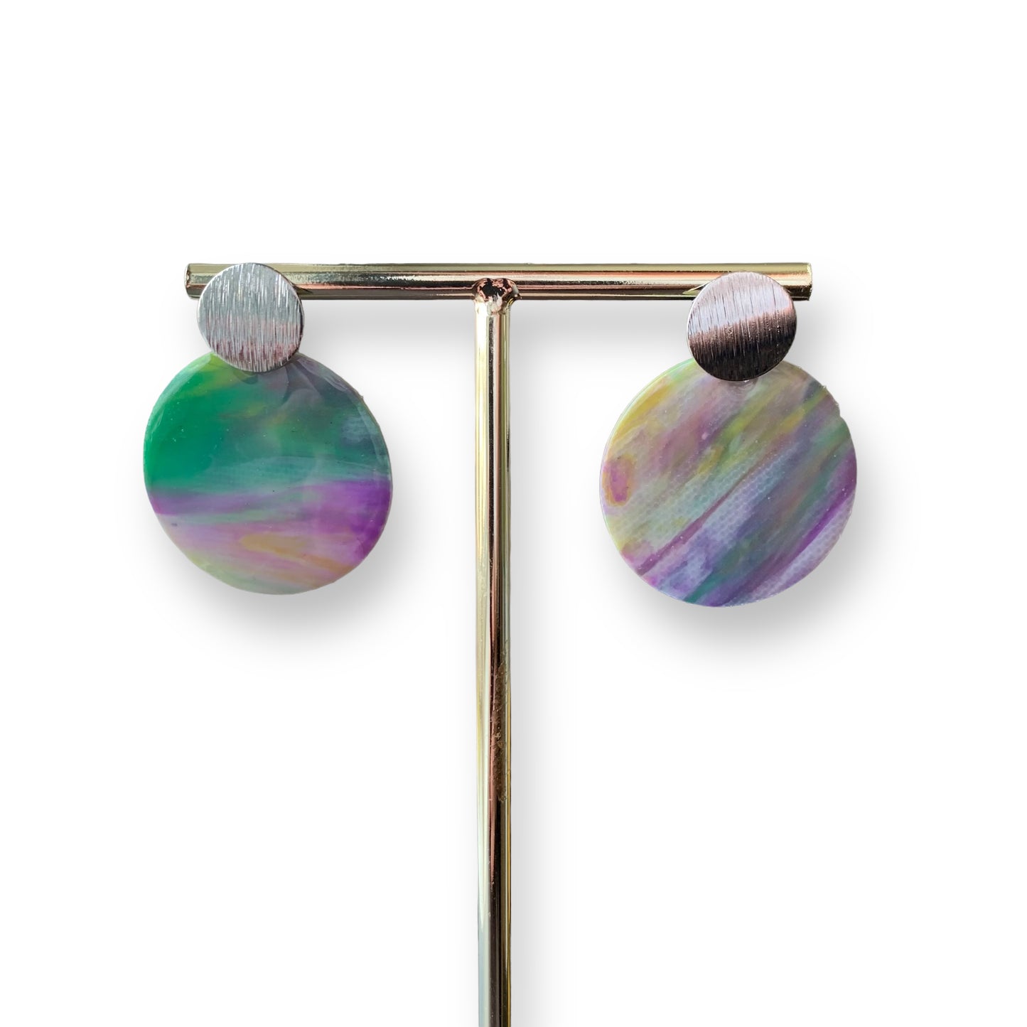 Recycled Bottle tops earrings handmade in London green purple silver Recycled plastic jewellery & eco artwork by Jagoda Jay Sudak Keshani handmade in London