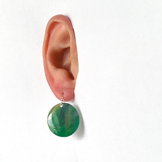 Circle dangling drop earrings handmade from recycled plastic purple silver dark green artesian eco friendly crocuses