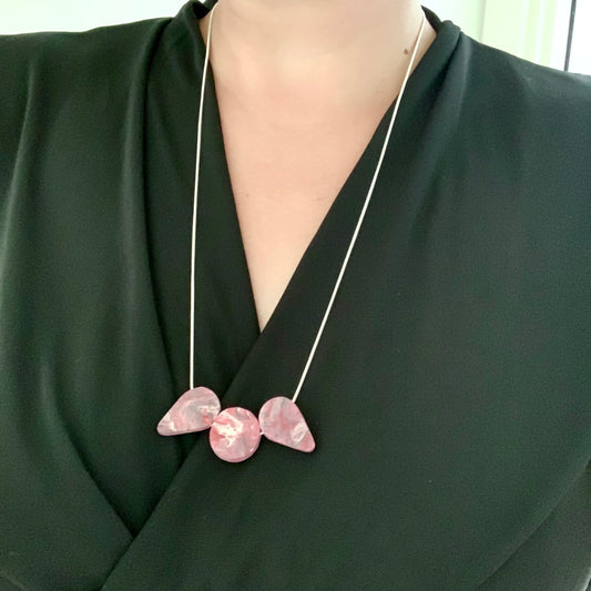 Red geometric necklace from recycled bottle tops carrier bags eco fashion sustainable silver