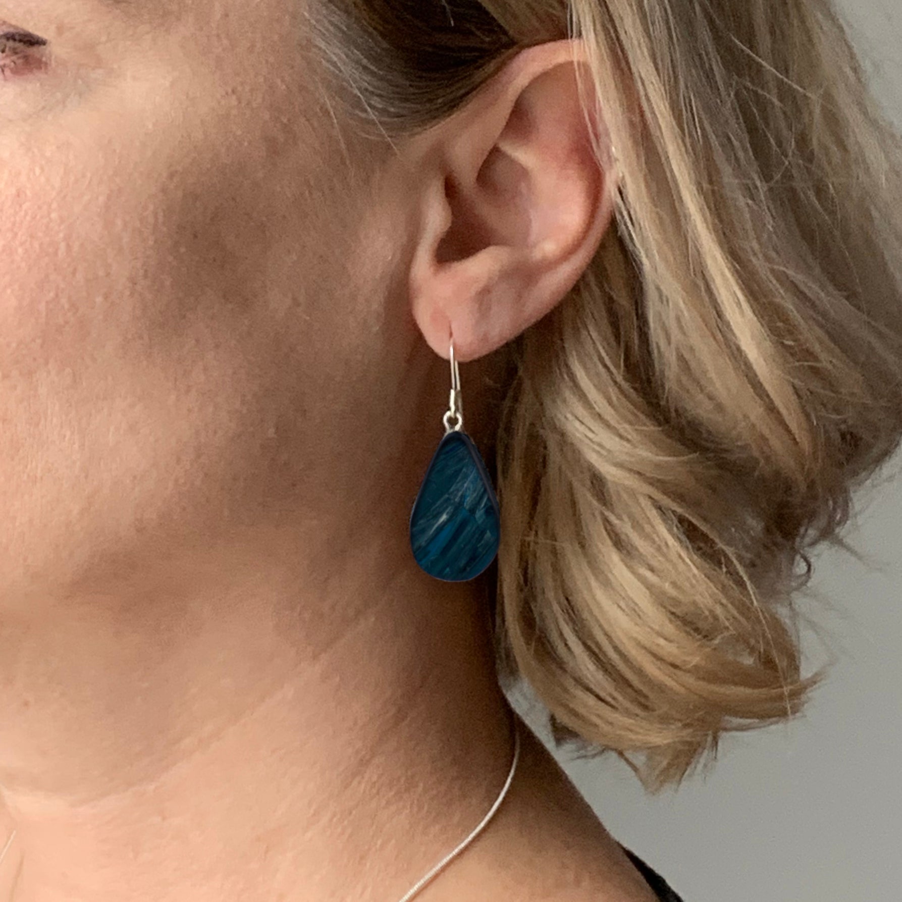 Blue dangles from recycled bottle tops Recycled plastic necklace jewellery earrings studs handmade in London by Jagoda Jay Sudak Keshani eco gift for her him