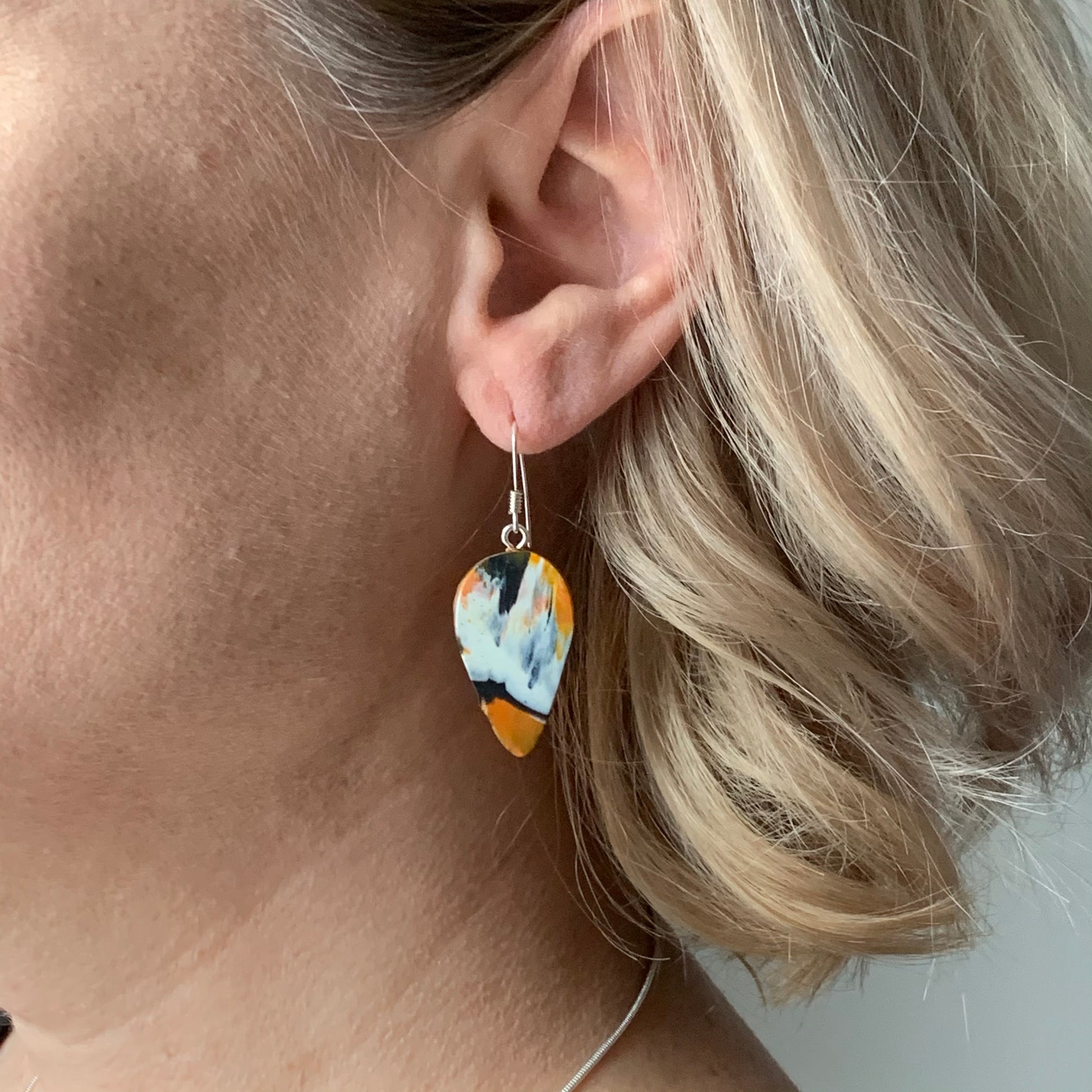 Recycled carrier bags dangle earrings orange black