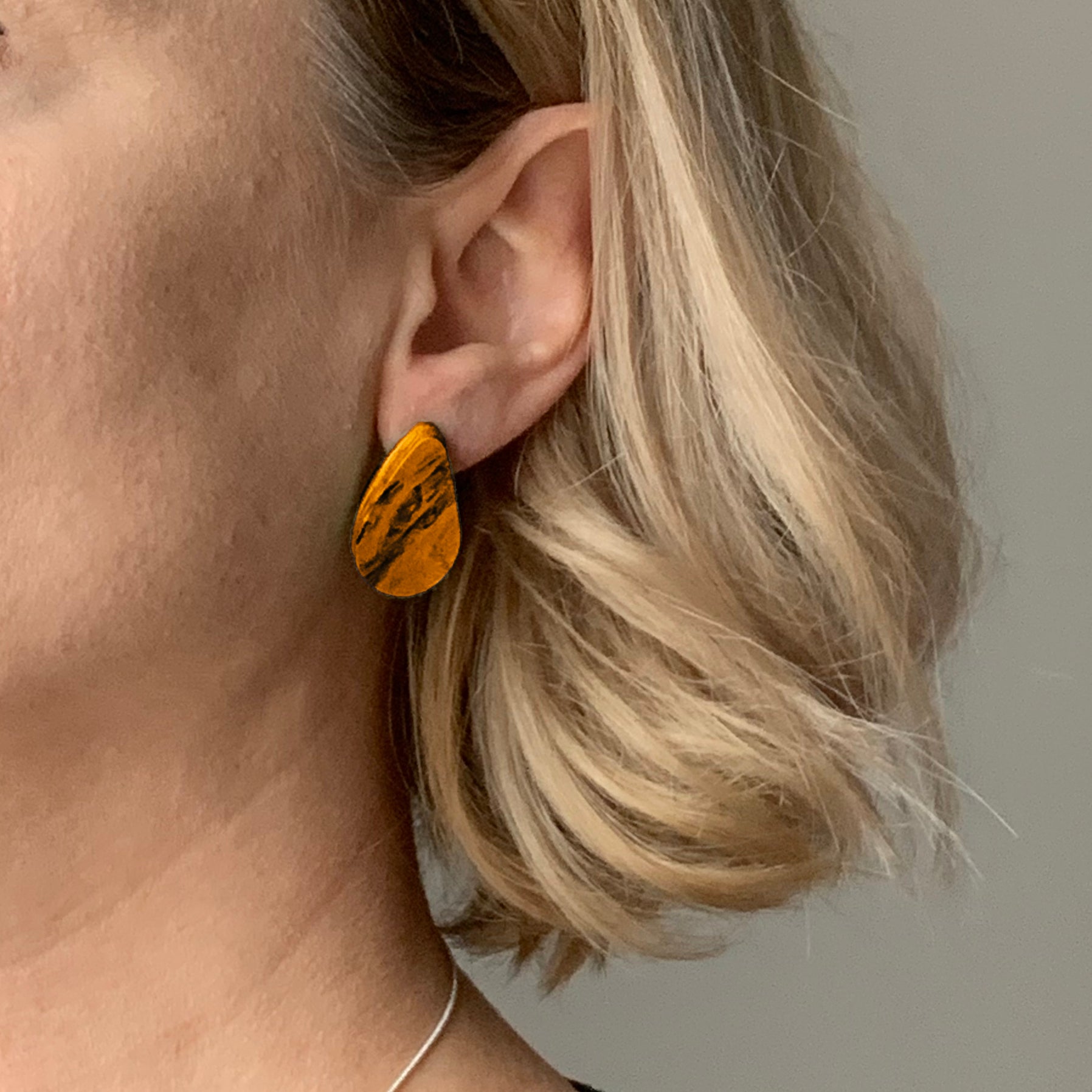 Sustainable orange studs teardrop black handmade artesian recycled plastic gift for her