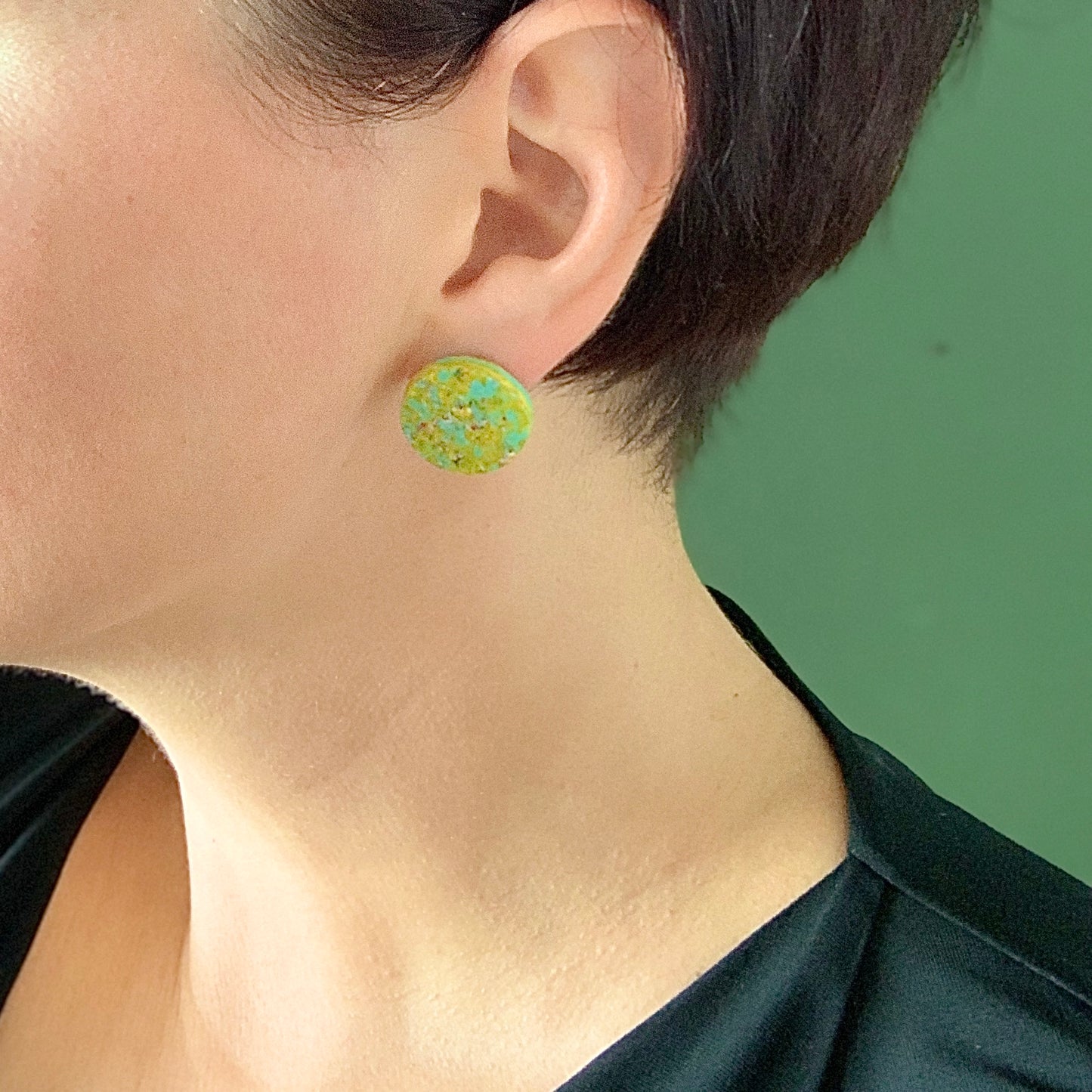 Sustainable yellow teal studs handmade from recycle plastic