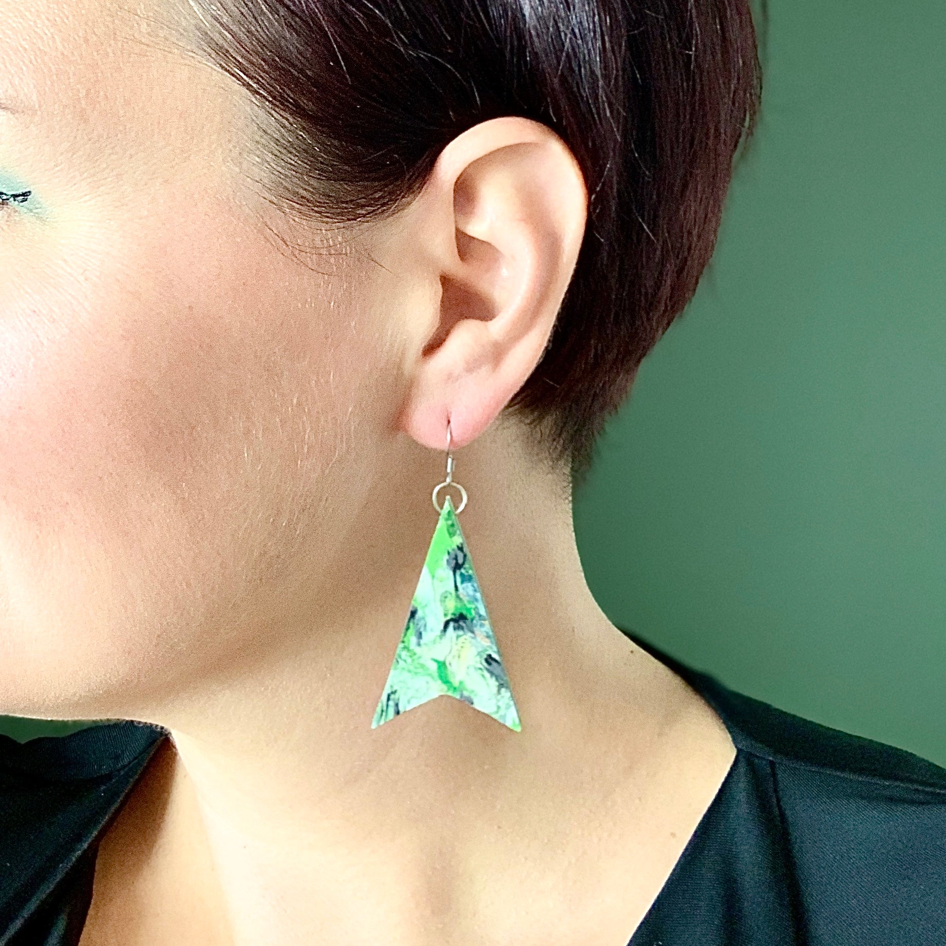 One off green sustainable earrings made from recycled bottle tops and carrier bags eco friendly artesian