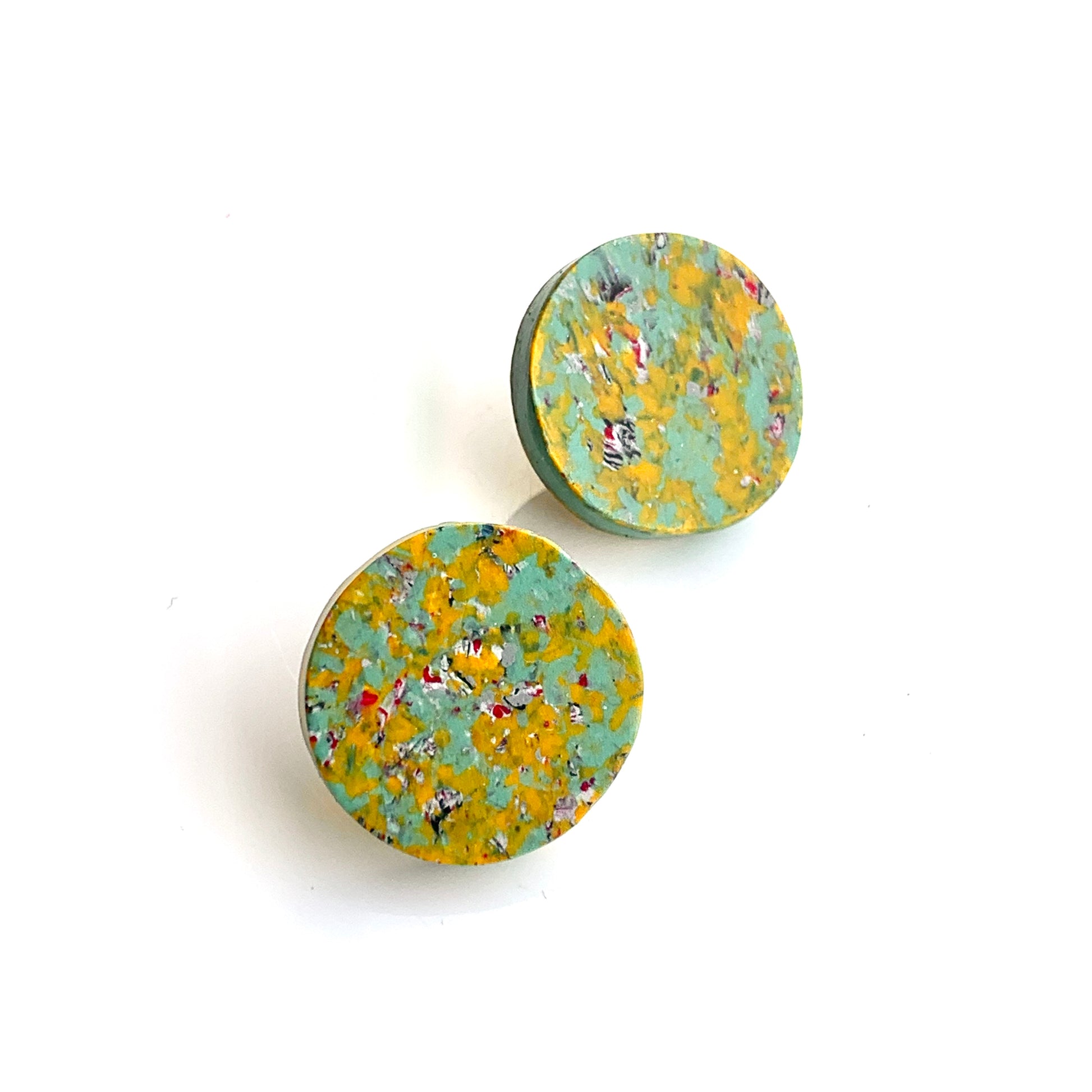 Sustainable yellow teal studs handmade from recycle plastic