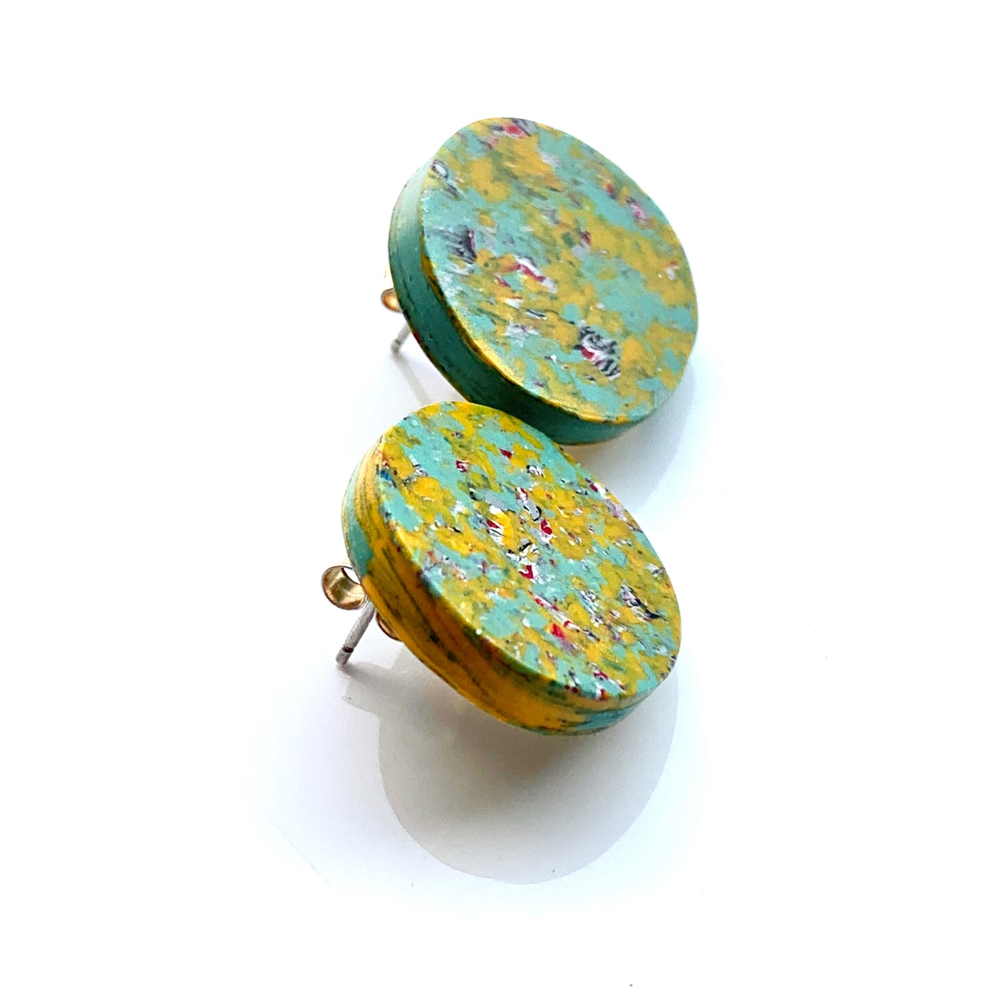Sustainable yellow teal studs handmade from recycle plastic