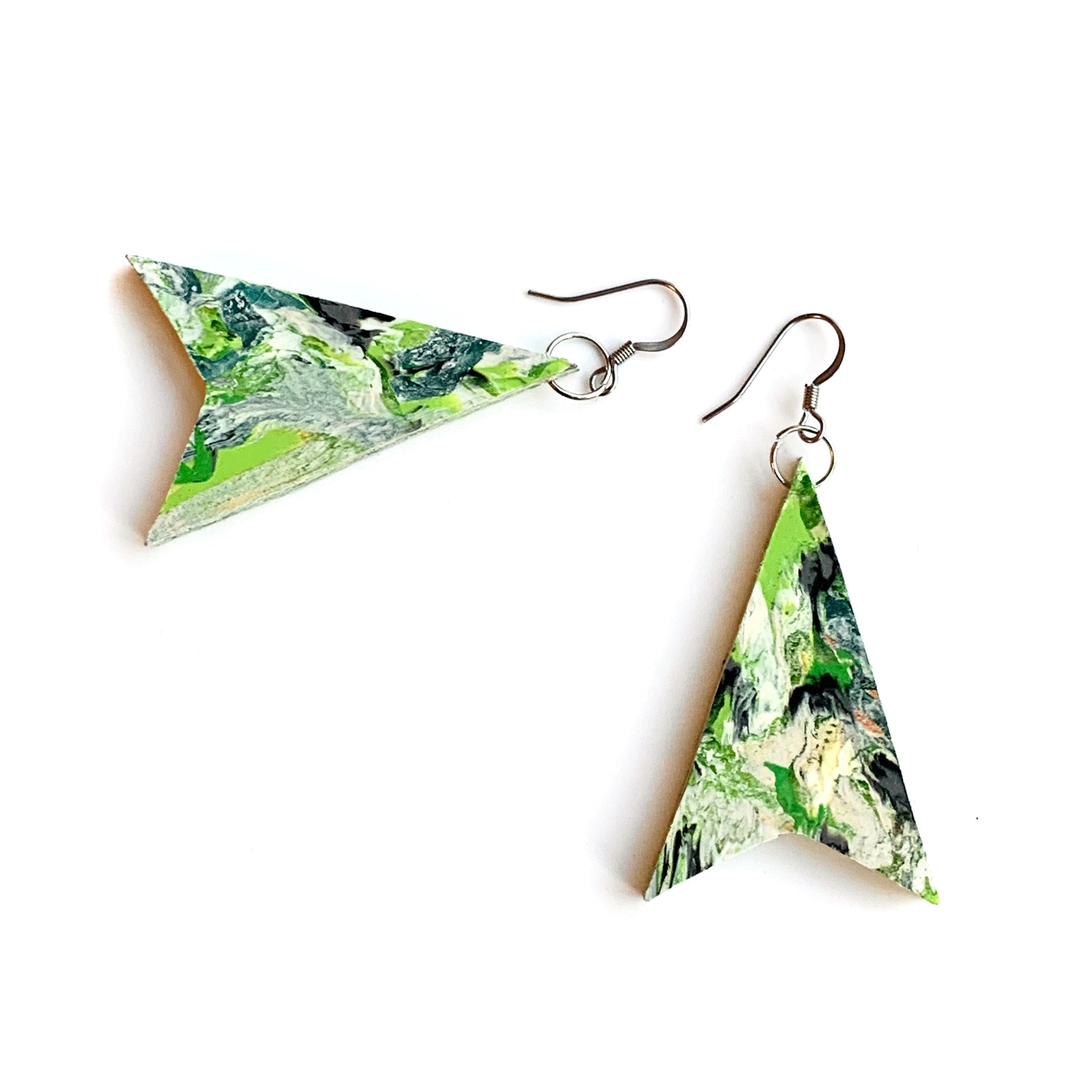 One off green sustainable earrings made from recycled bottle tops and carrier bags eco friendly artesian