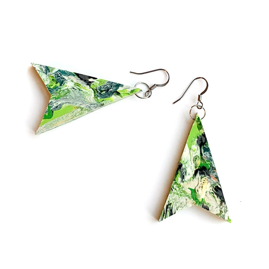 One off green sustainable earrings made from recycled bottle tops and carrier bags eco friendly artesian