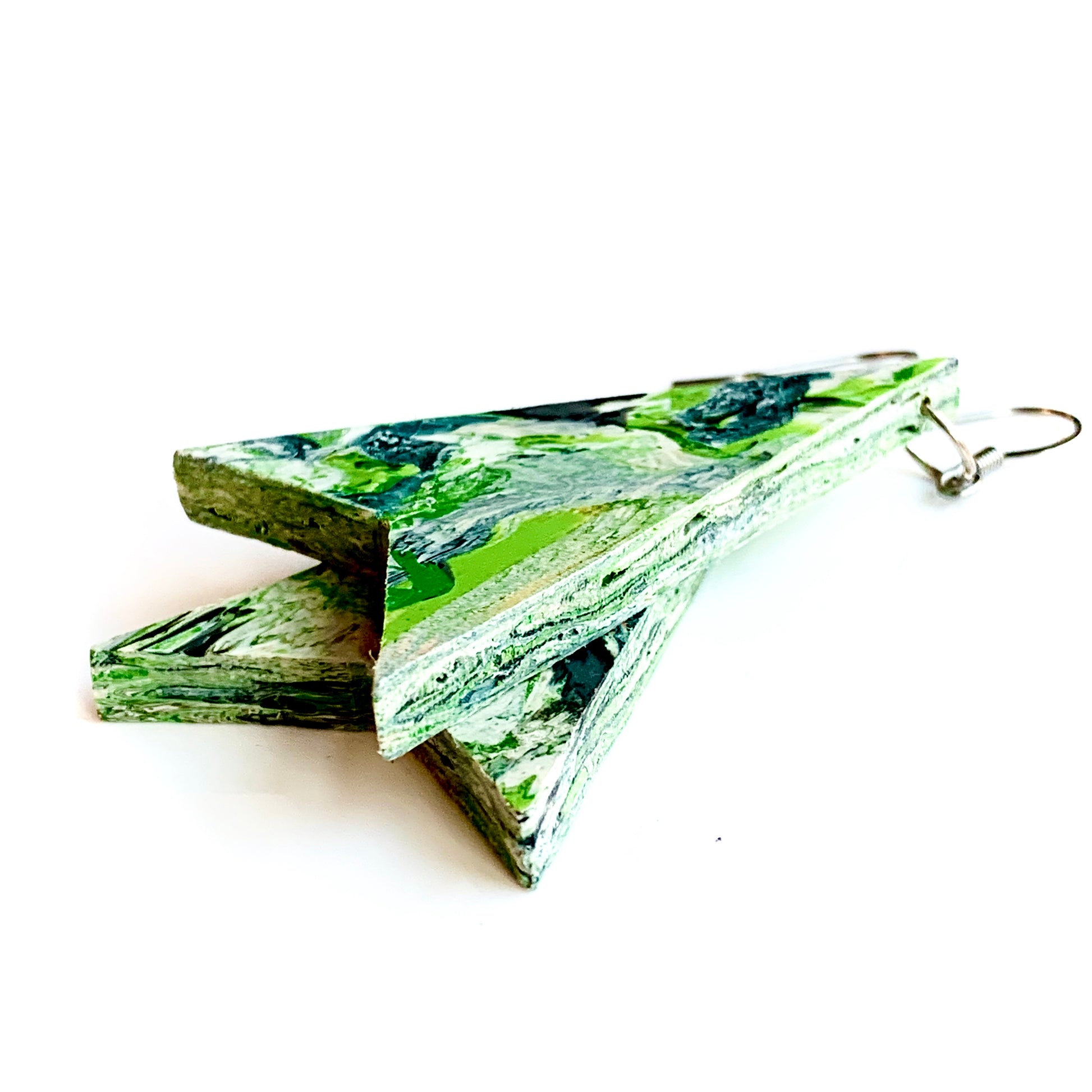 One off green sustainable earrings made from recycled bottle tops and carrier bags eco friendly artesian