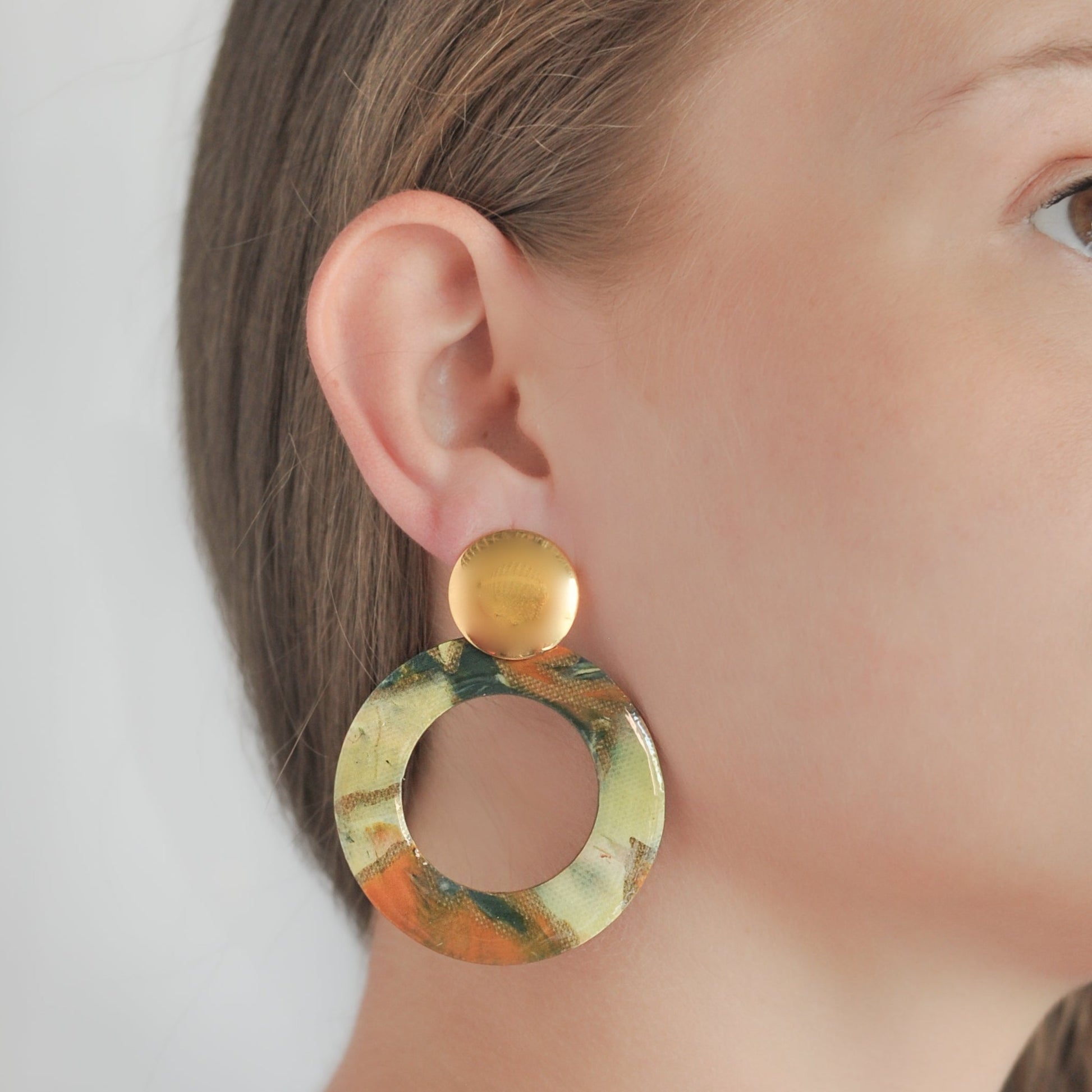 Recycled plastic jewellery Sustainable handmade statement studs Christmas Gift for eco lovers ethically made in London Artesian orange green