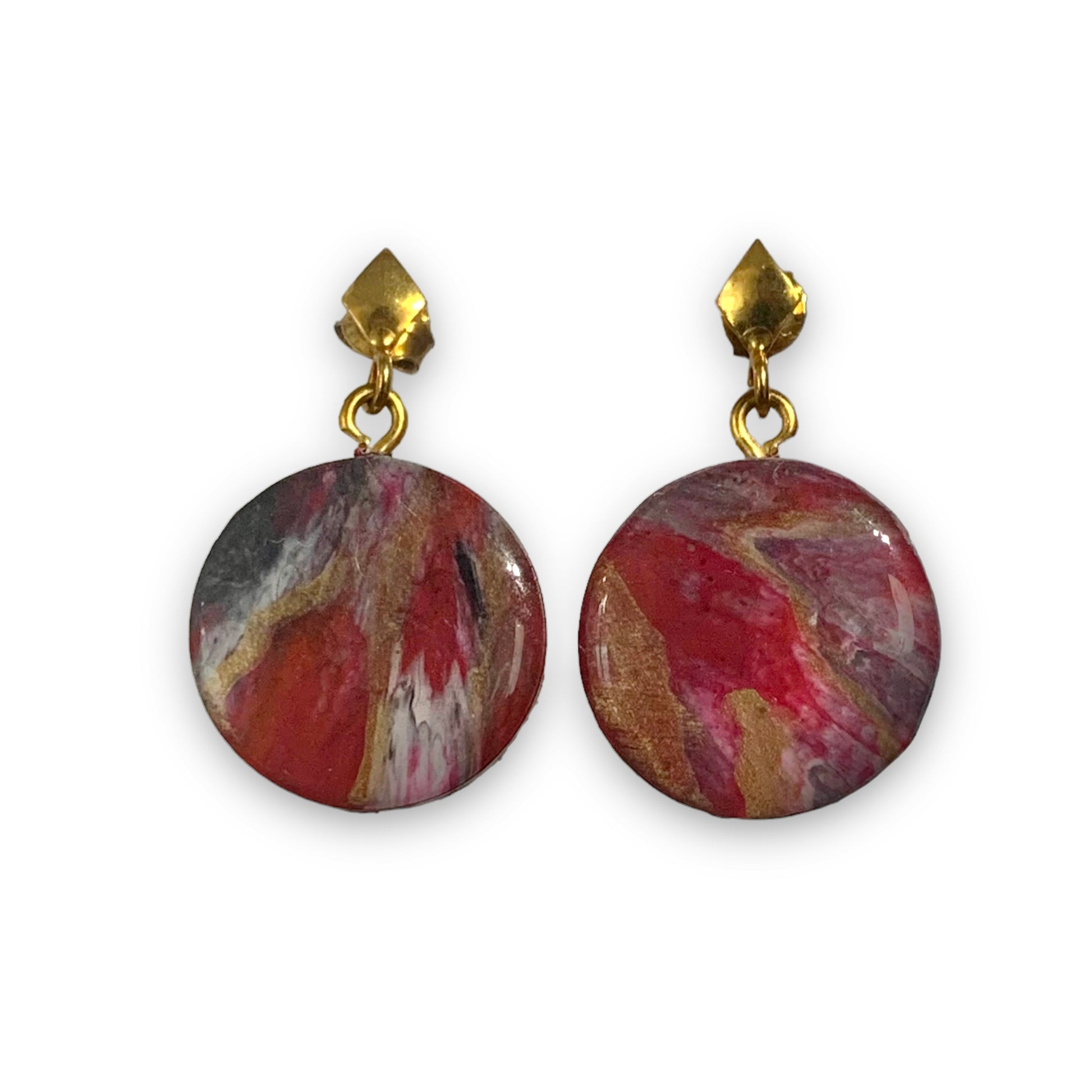 Recycled Bottle tops handmade earrings Gold plated sterling silver studs red gold circle handmade gift for eco lover