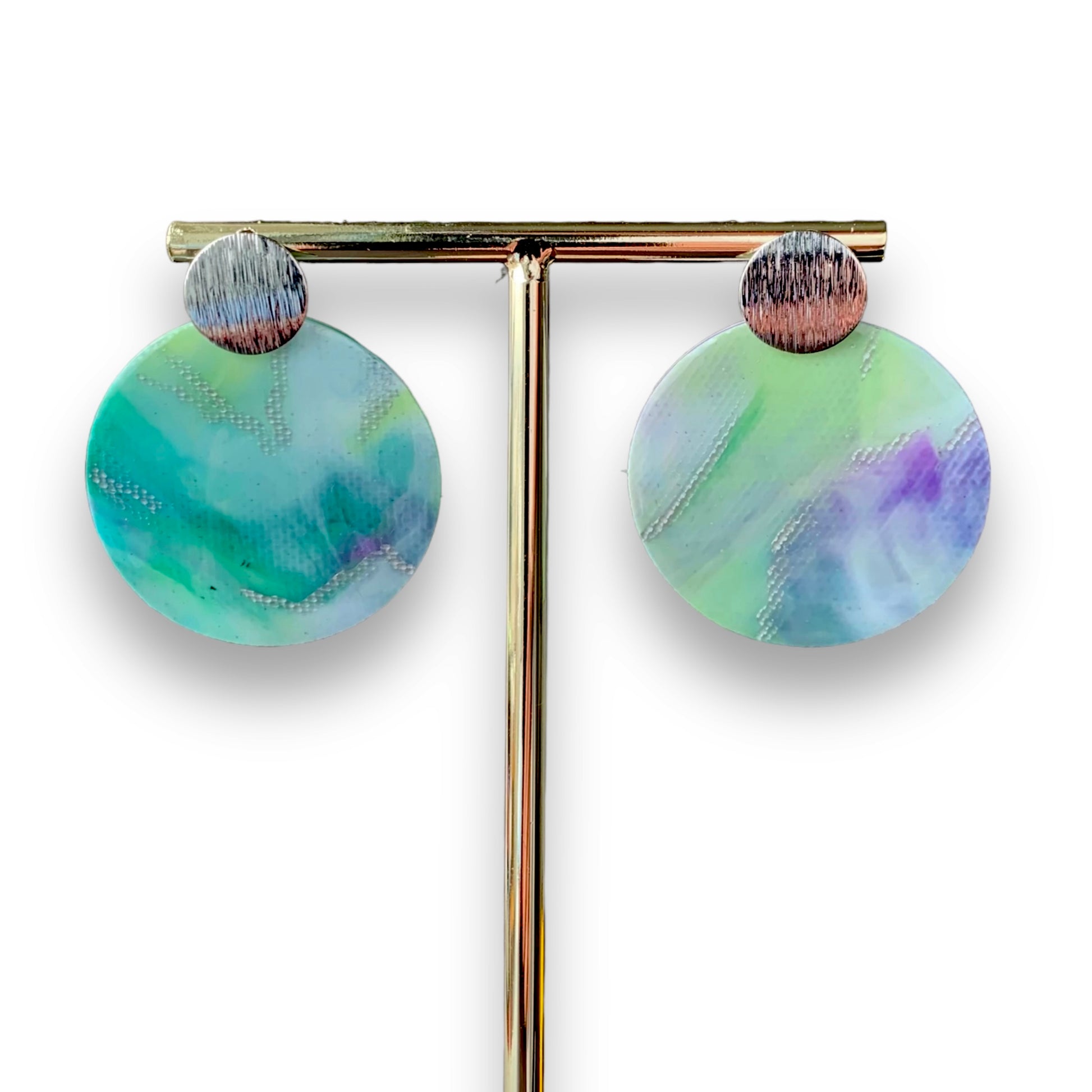 recycled plastic earrings studs green silver artesian handmade round