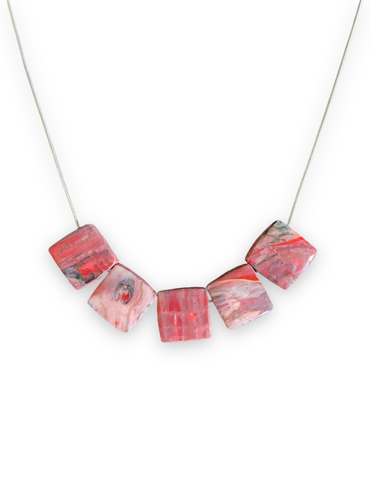 Bib Necklace with 925 Sterling Silver Snake Chain Red Velvet grandmother gift Recycled plastic necklace jewellery earrings studs handmade in London by Jagoda Jay Sudak Keshani eco gift for her him