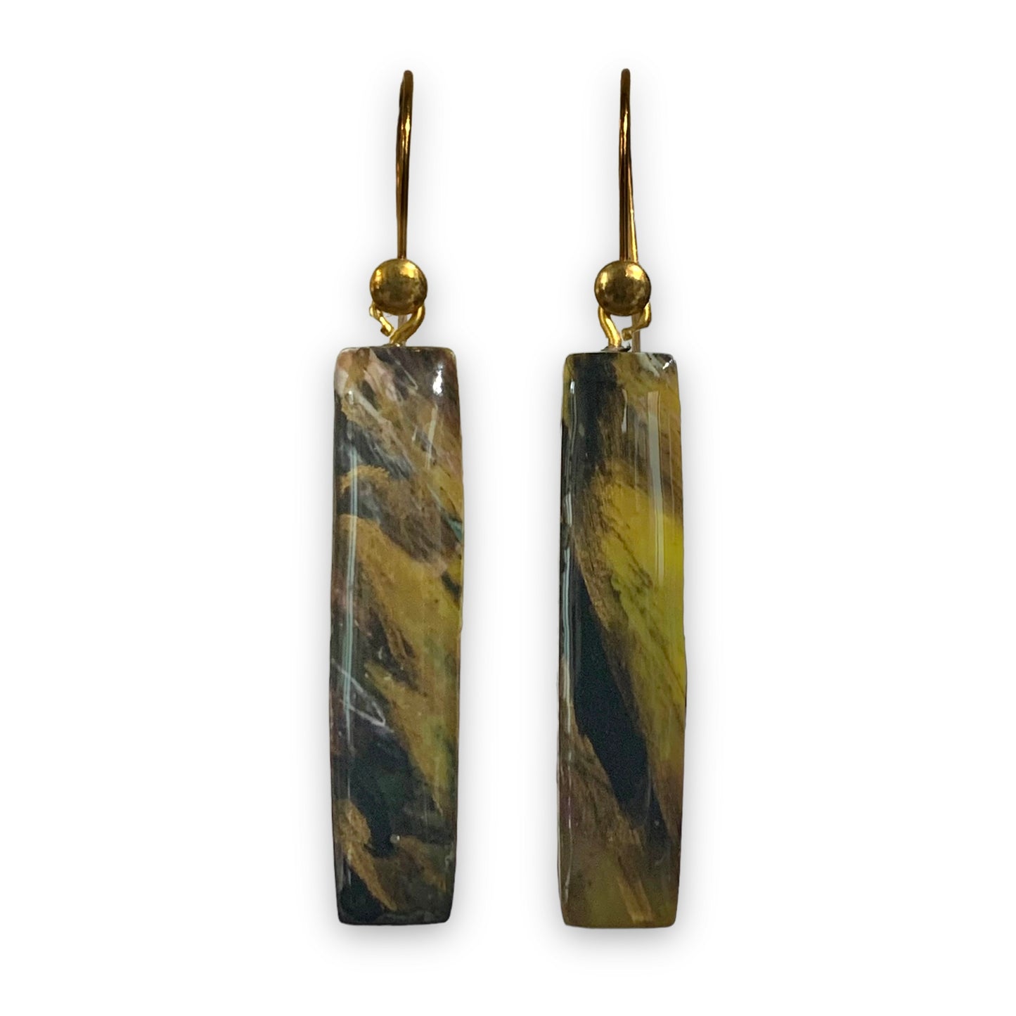 Sustainable Earrings Handmade from recycled bottle tops Gold plated Sterling Silver black yellow bars rectangles dangle drops Christmas gift for her