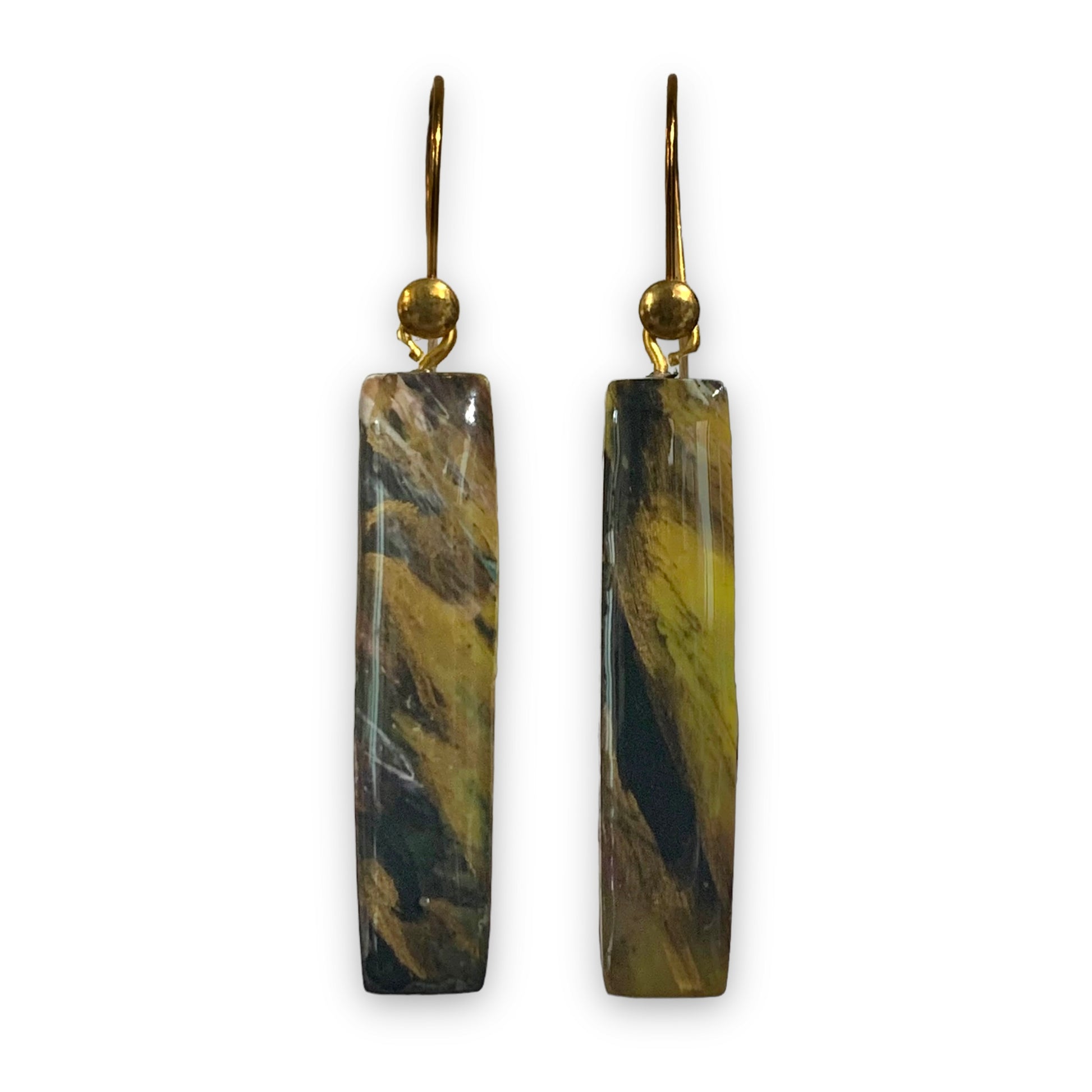 Sustainable Earrings Handmade from recycled bottle tops Gold plated Sterling Silver black yellow bars rectangles dangle drops Christmas gift for her