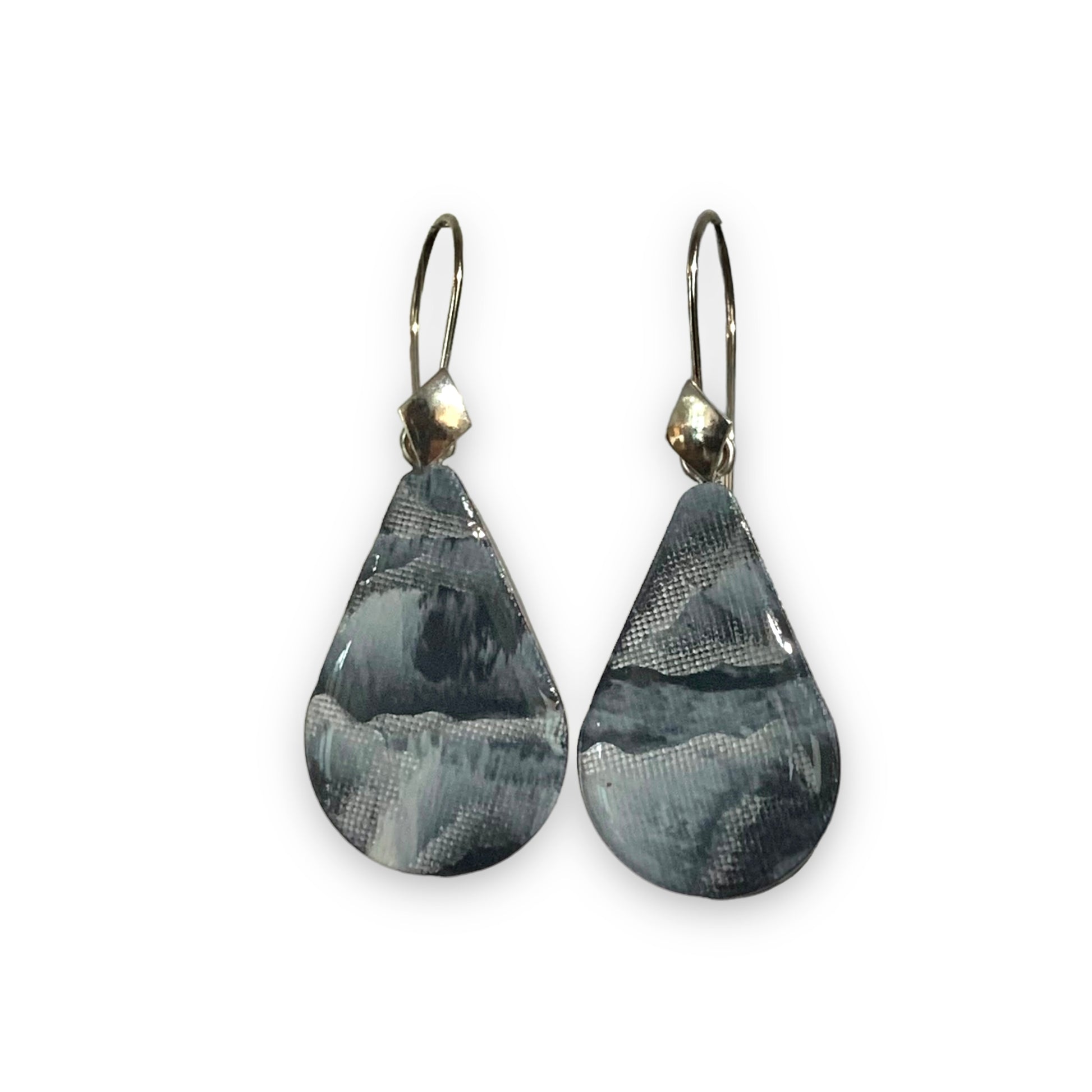 Recycled Bottle tops sterling silver handmade earrings dangle artesian handcrafted ethically made black white storm