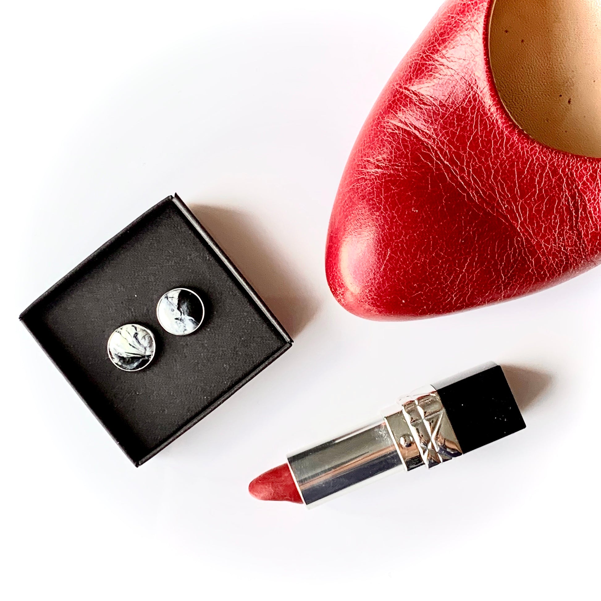 Black & White 12 mm studs handmade from plastic waste Recycled plastic necklace jewellery earrings studs handmade in London by Jagoda Jay Sudak Keshani eco gift for her him
