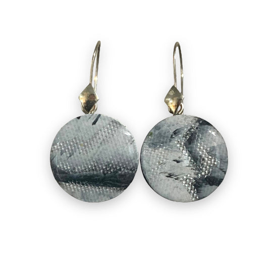Recycled Plastic Handcrafted earrings black white sterling silver sustainable circle dangle drops Eco gift
