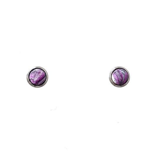 Small purple studs handmade from recycled plastic