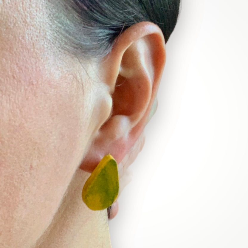 Yellow handmade studs from recycled plastic teardrop