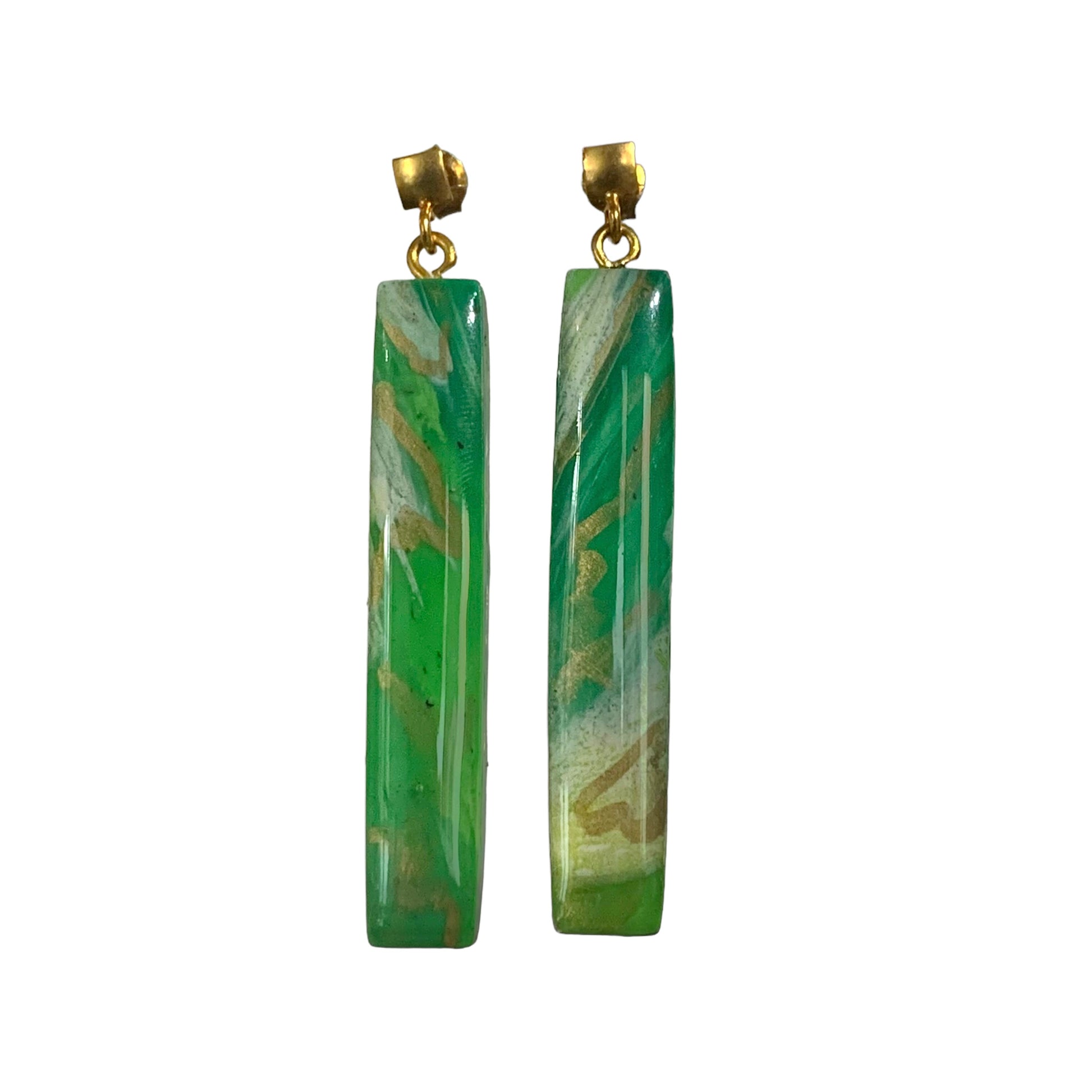 Recycled bottle tops plastic rectangle green earrings gold plated sterling silver studs handmade artesian sustainable eco friendly ethically made