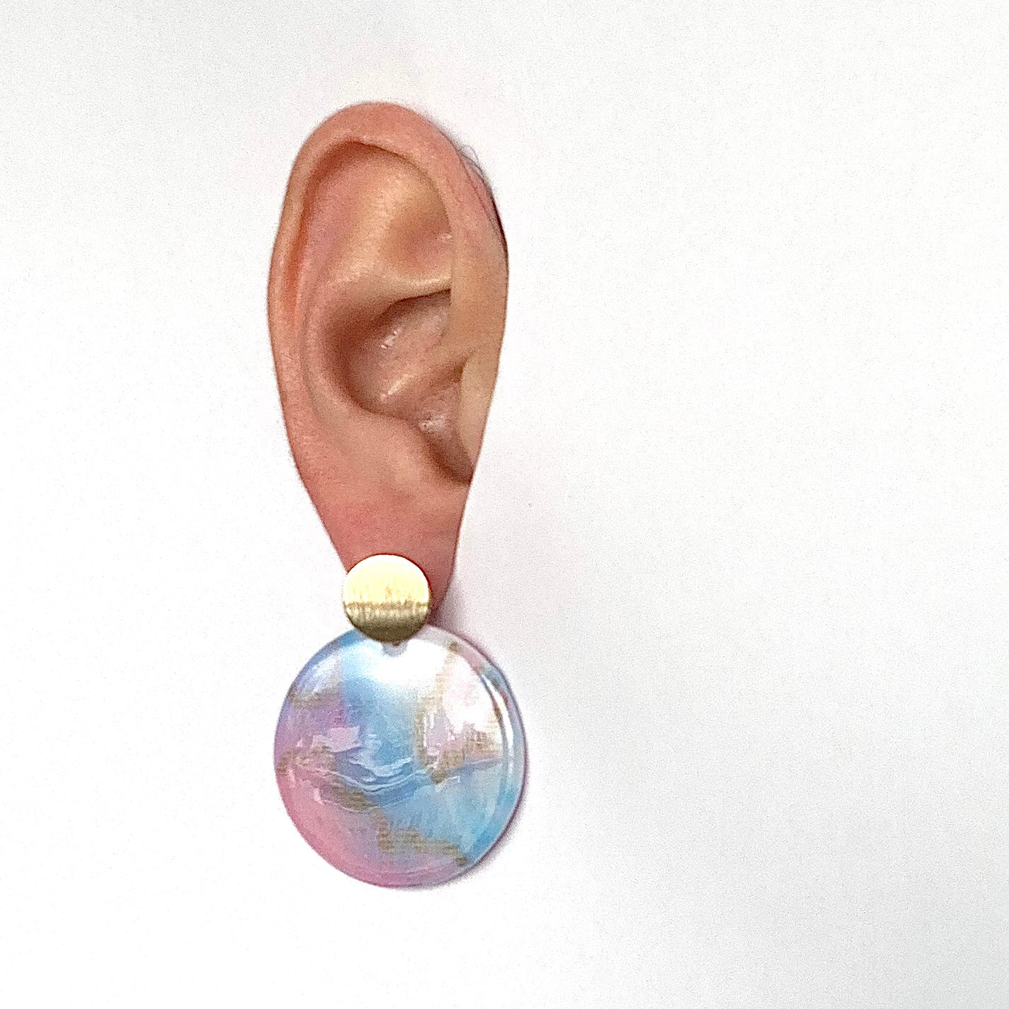 cherry Blossom pink blue gold earrings handmade from recycled plastic bottle tops