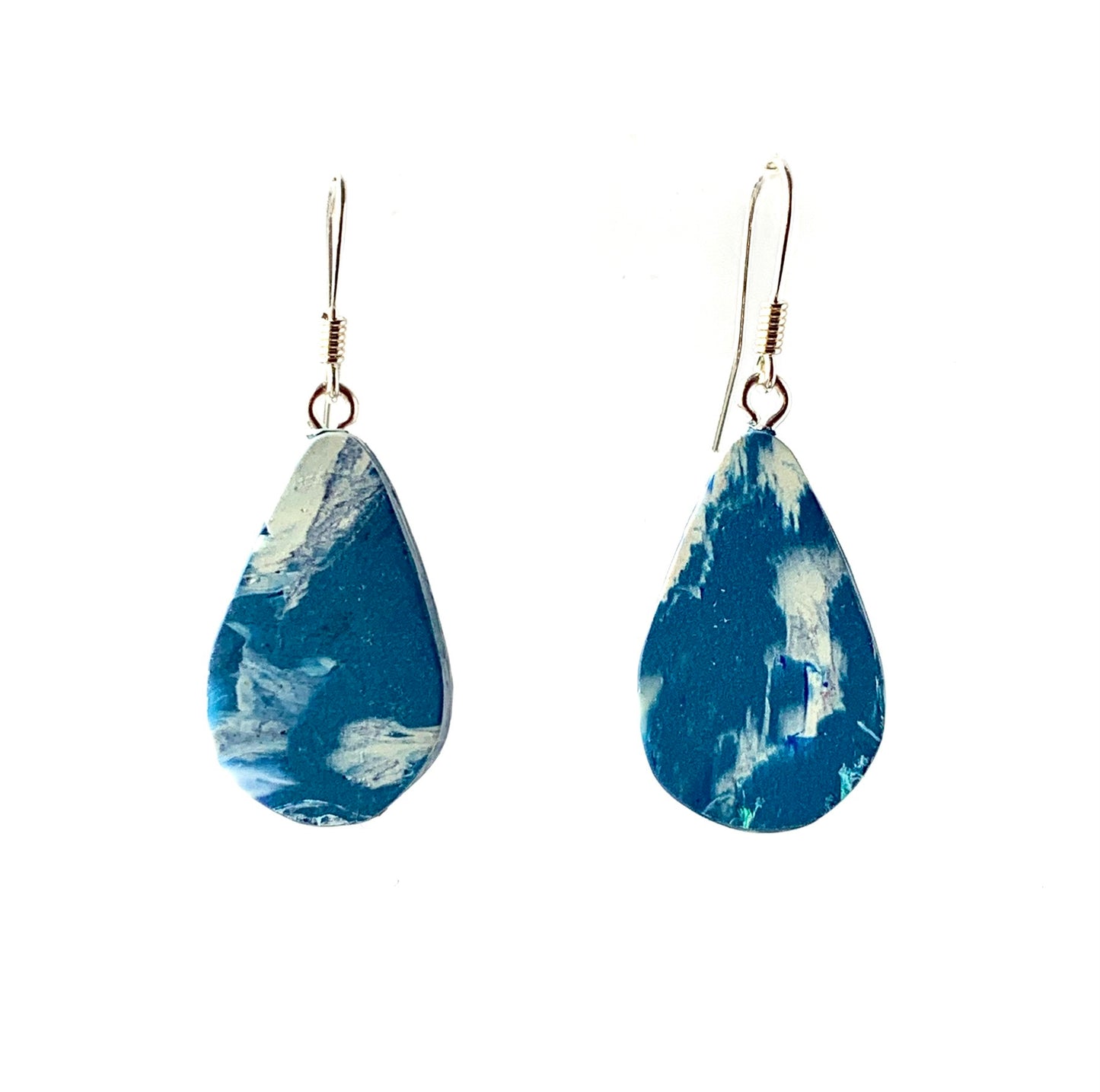 Artesian Handmade earrings blue white dangling drops Recycled plastic necklace jewellery earrings studs handmade in London by Jagoda Jay Sudak Keshani eco gift for her him
