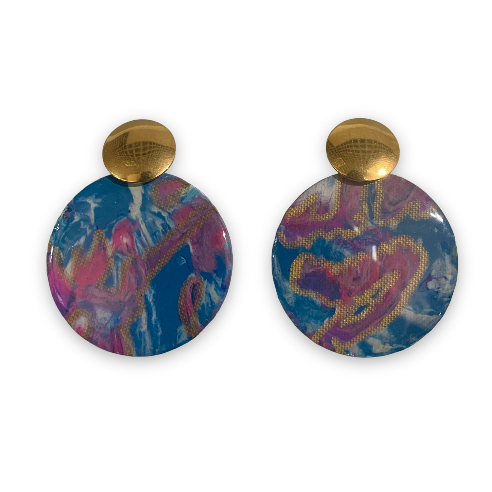 Recycled bottle tops statement earrings handmade in London blue purple gold ethically made Christmas gift eco-friendly environmental lovers