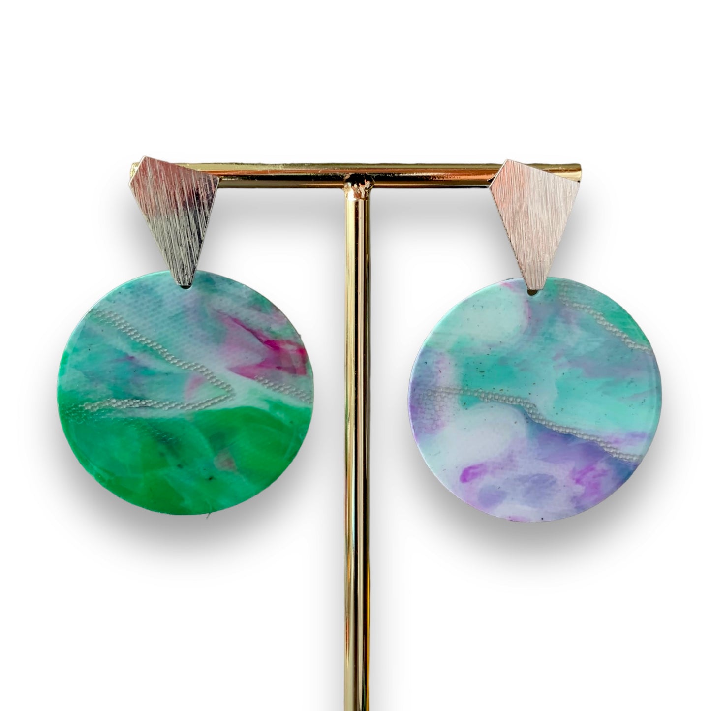 Bottle tops earrings green silver handmade recycled plastic