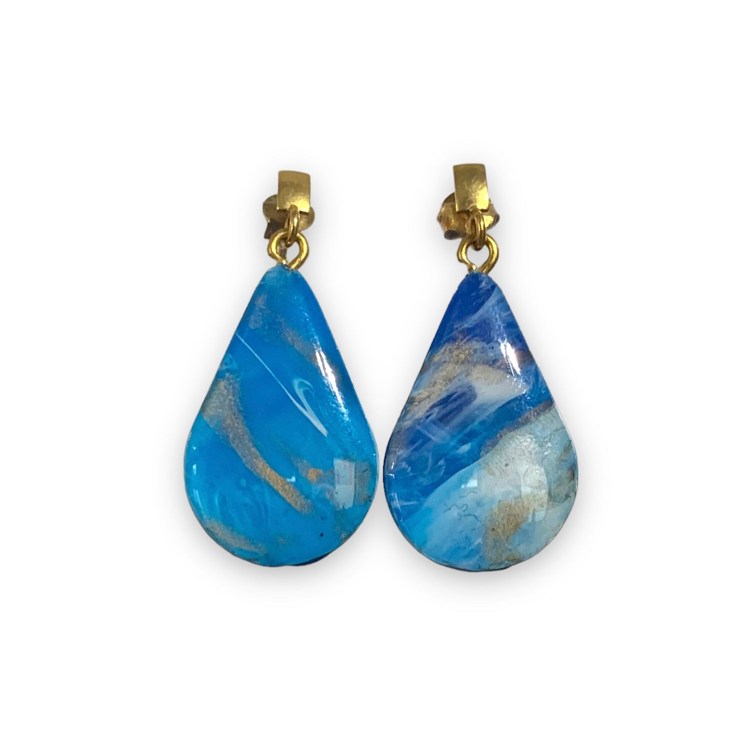 Recycled Bottle Tops Jewellery Handmade accessories Blue Gold teardrop Studs eco friendly ethical sustainable gift unique