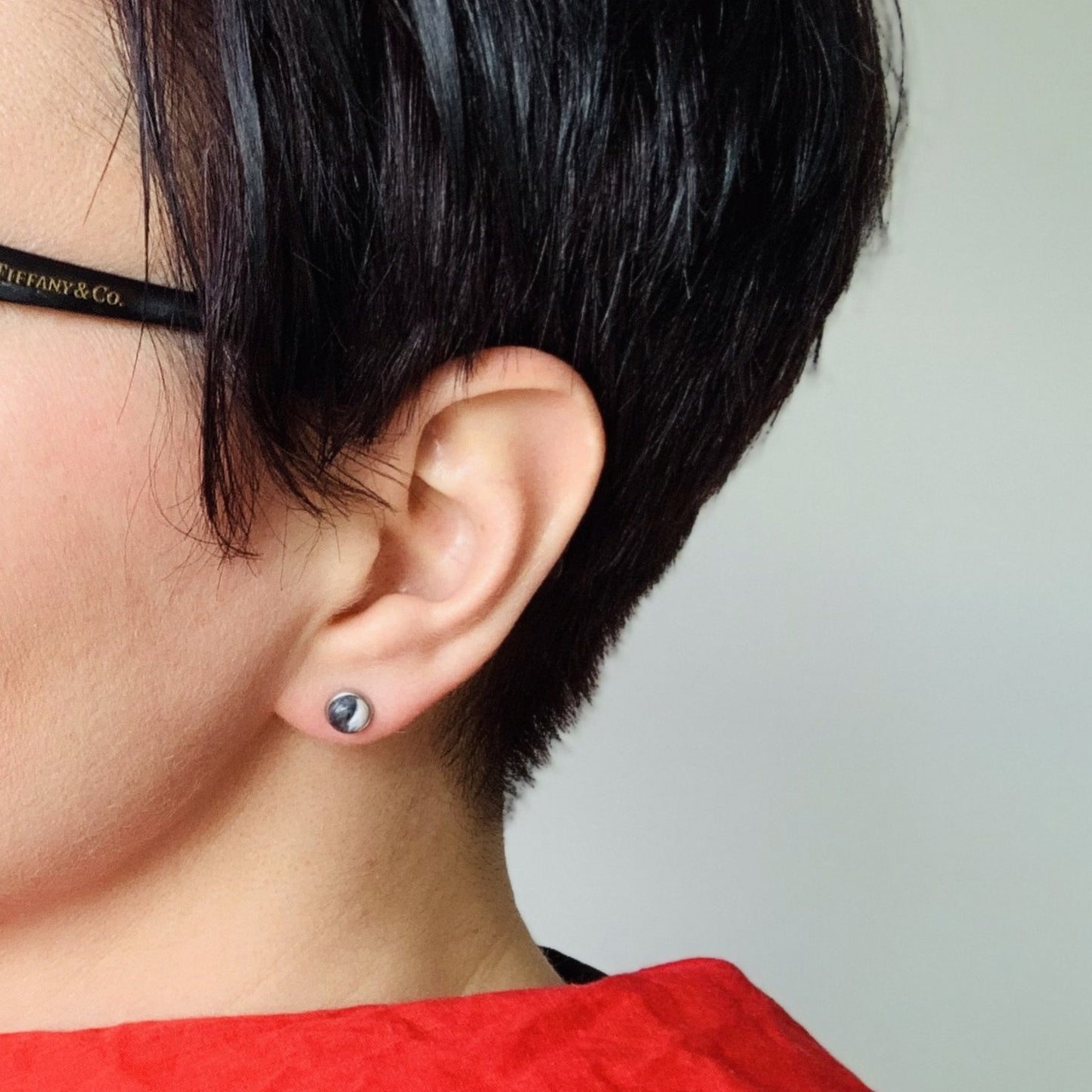 Little studs black and white stainless steel eco friendly  Recycled plastic necklace jewellery earrings studs handmade in London by Jagoda Jay Sudak Keshani eco gift for her him