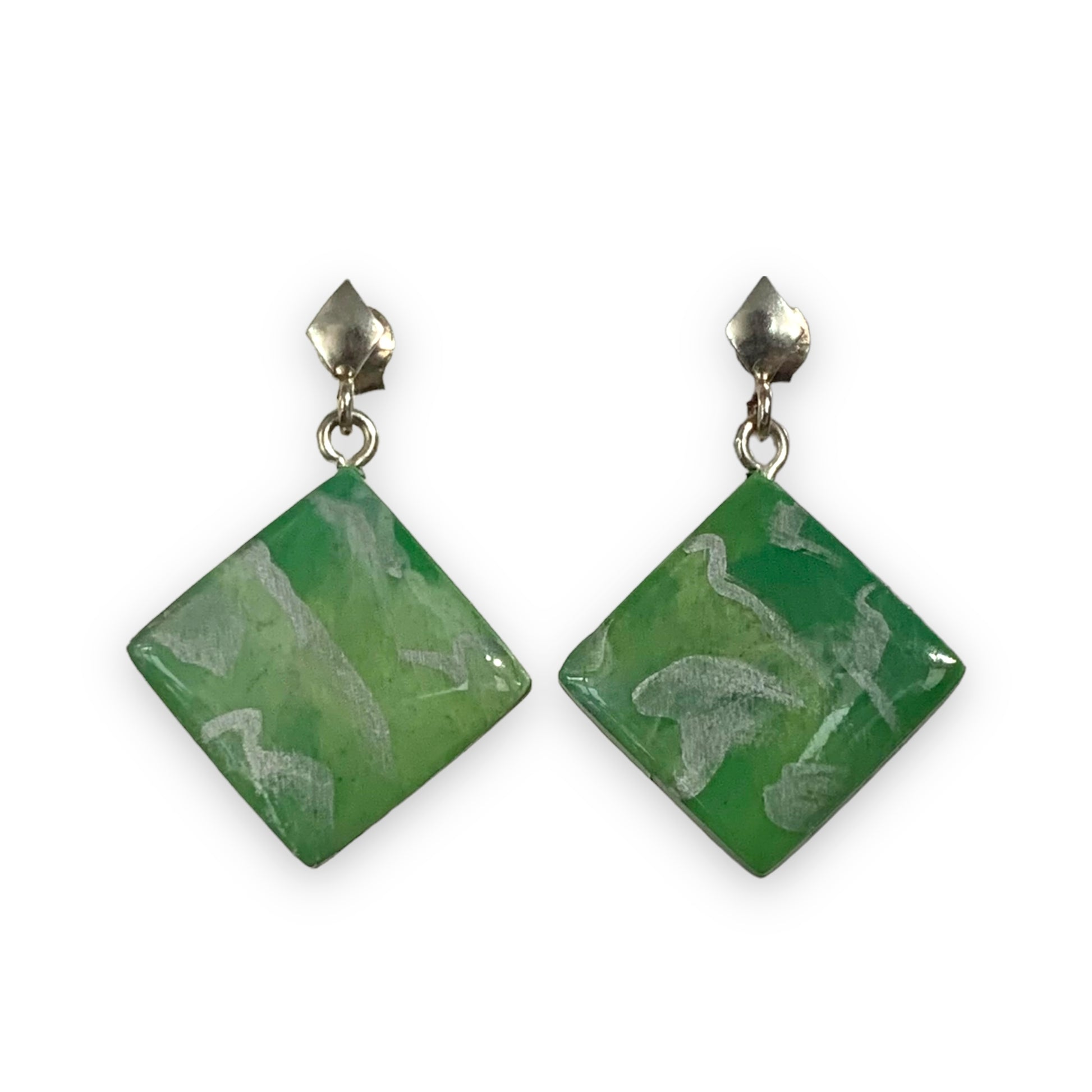 Green Studs Square Sterling Silver Recycled Bottle Tops handmade artesian Gift for environmentalist hand-painted