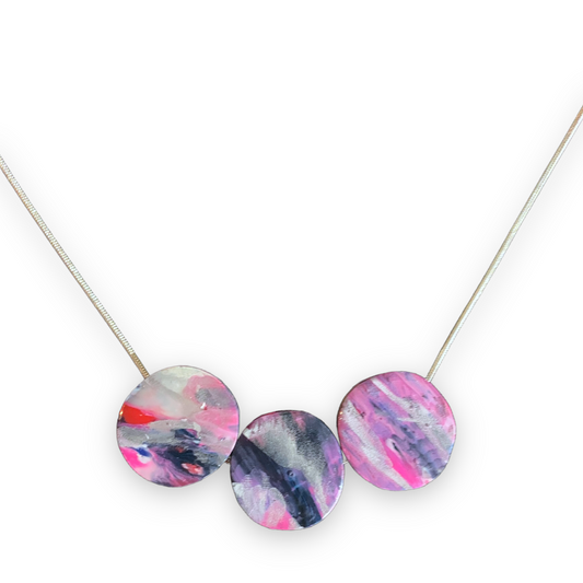 Pink circle necklace handmade artesian unique on the silver snake chain