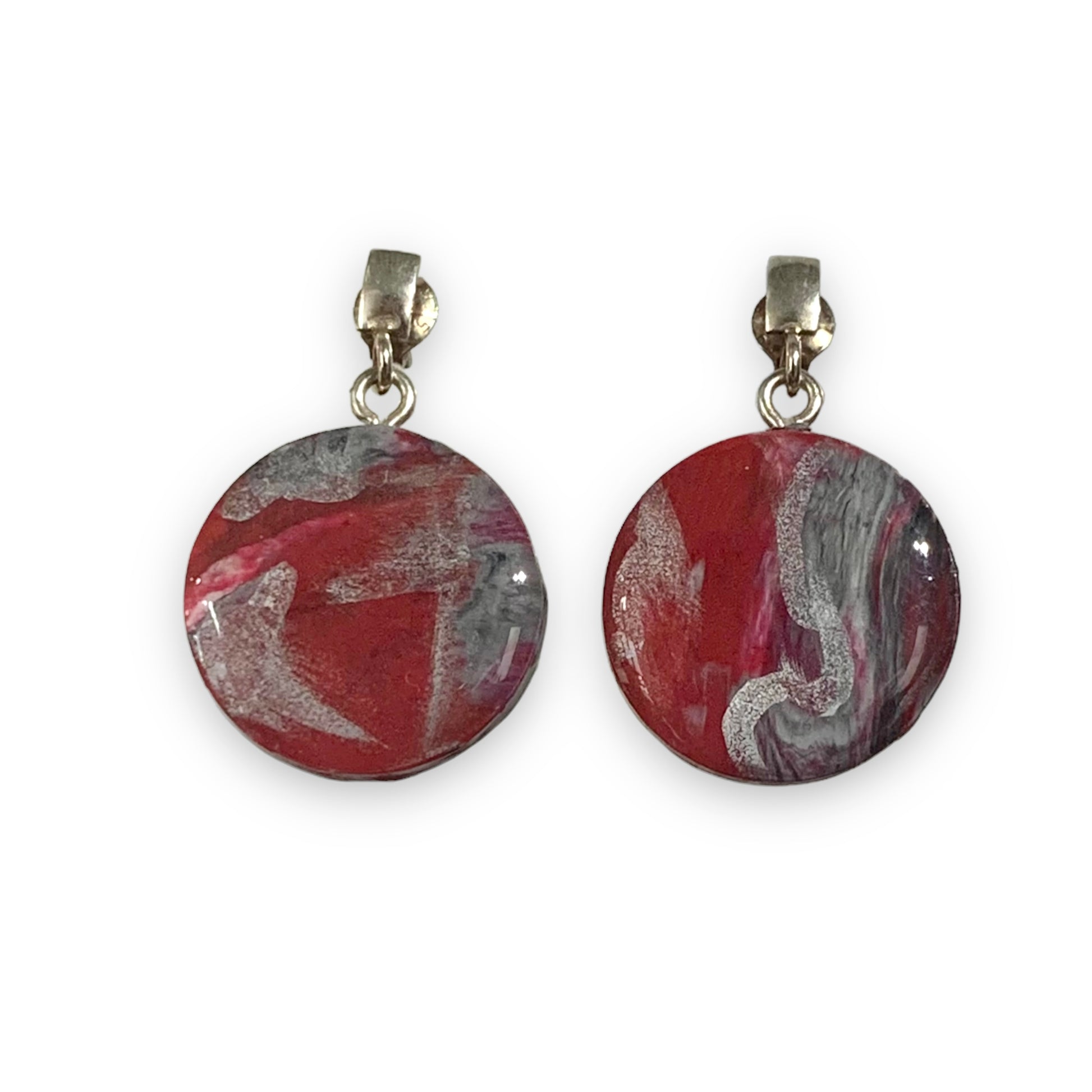 Recycled plastic bottle tops handcrafted earrings red sliver one off unique jewellery round studs Christmas gift for mother