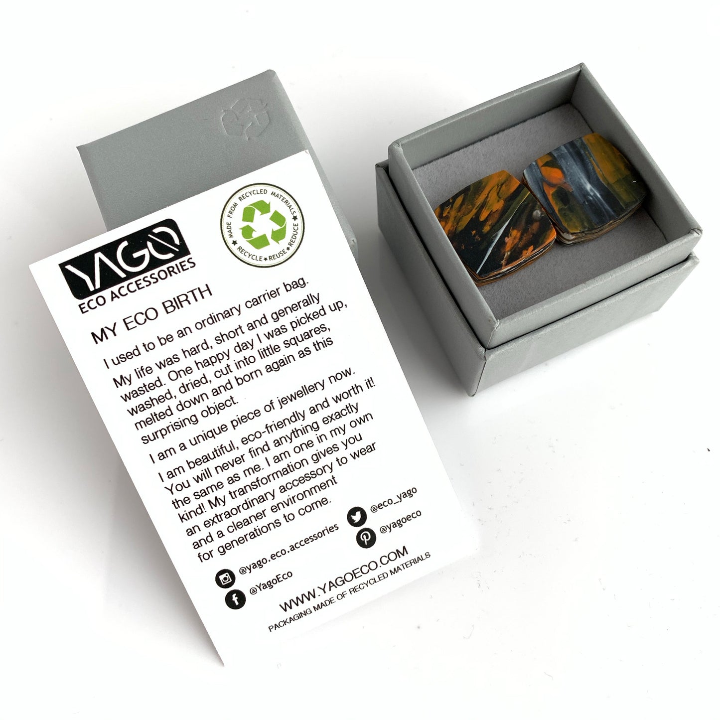 Unique Handmade Recycled Plastic Square Orange Cufflinks with brass findings