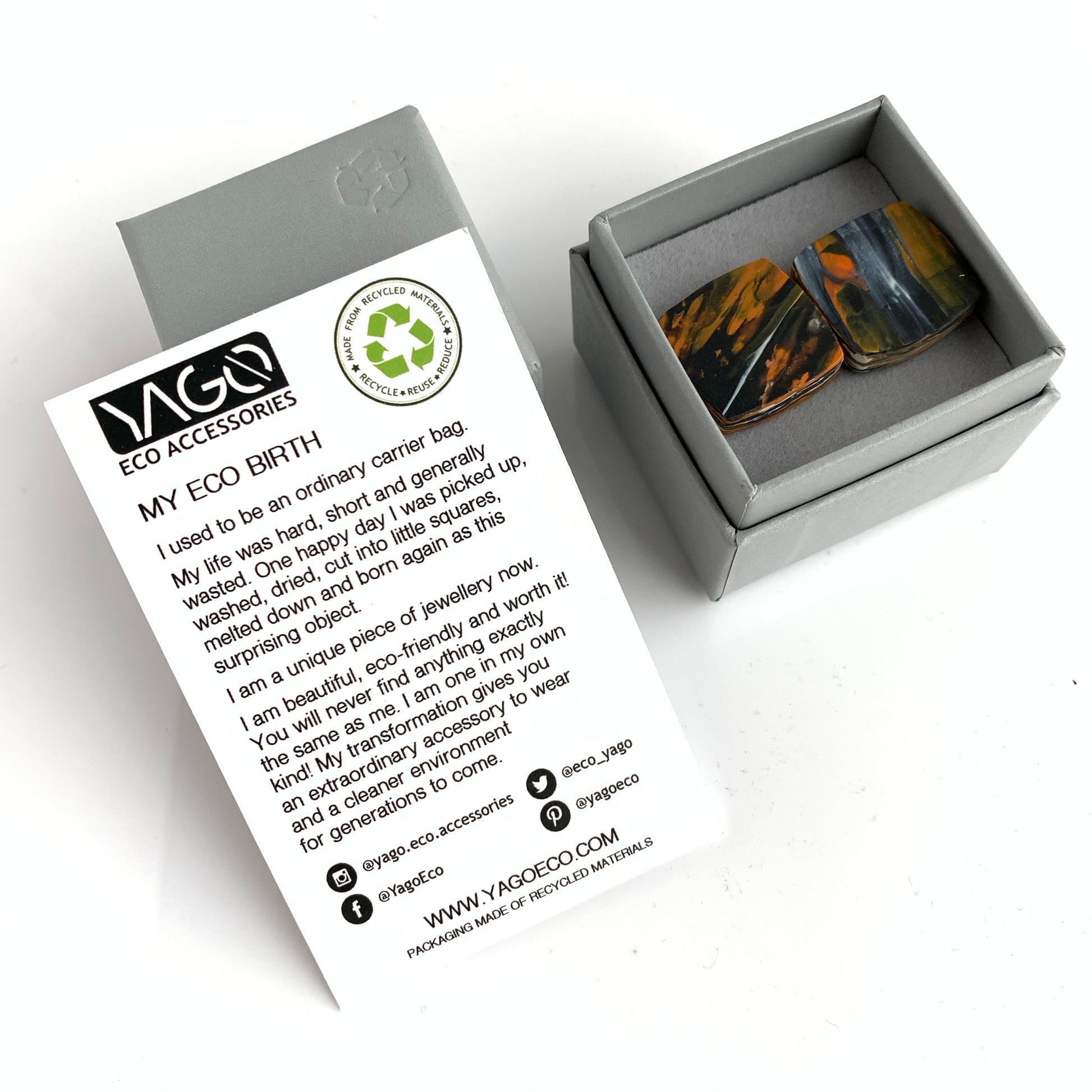 Unique Handmade Recycled Plastic Square Orange Cufflinks with brass findings