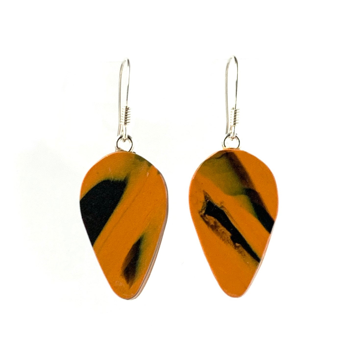 Recycled carrier bags dangle earrings orange black