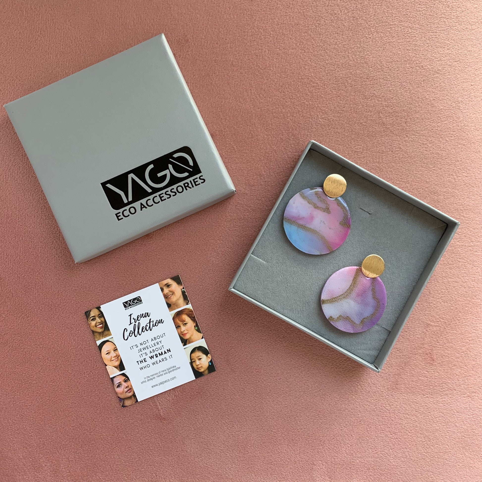 cherry Blossom pink blue gold earrings handmade from recycled plastic bottle tops