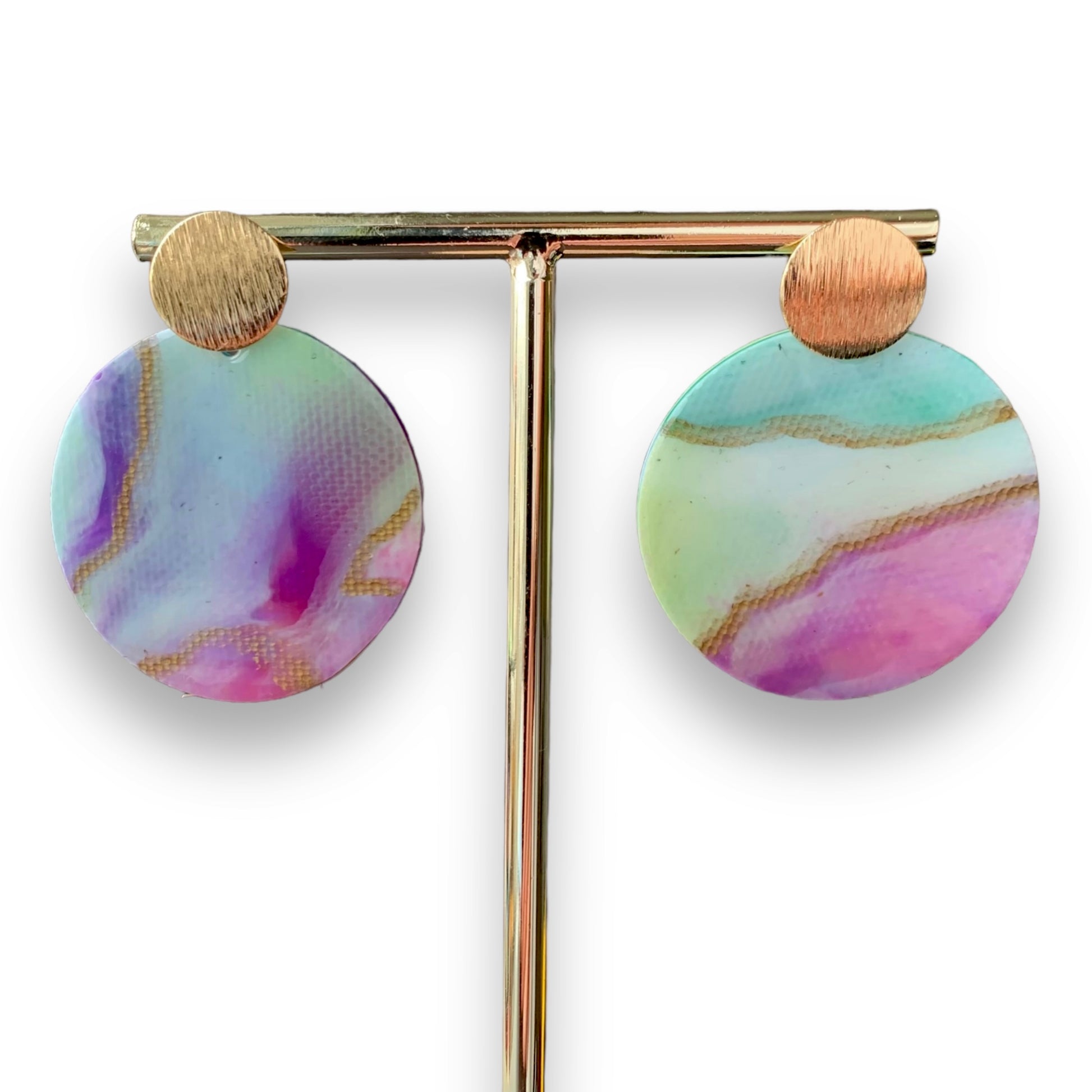 Recycled plastic bottle tops earrings studs handmade artesian pink gold colourful jewellery gift for her sustainable