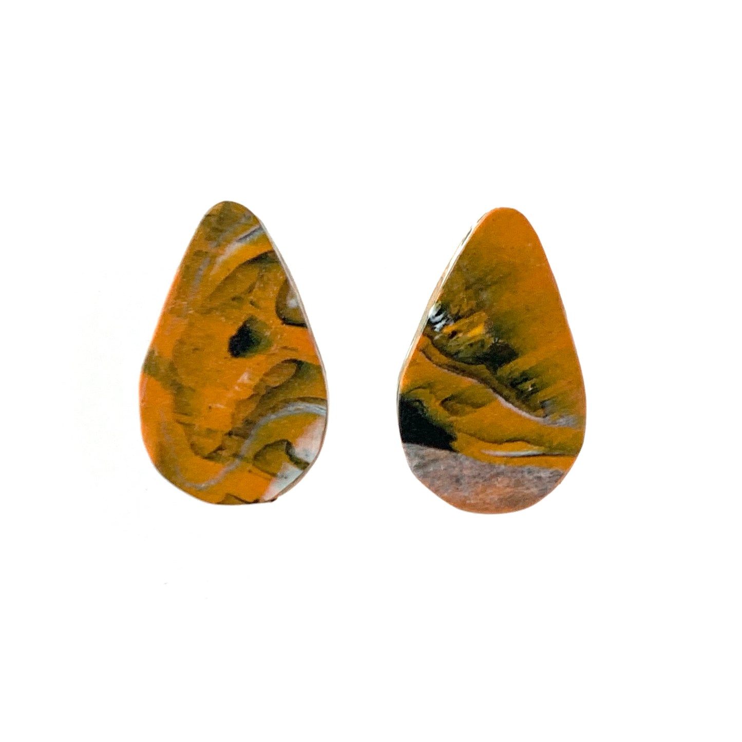 Sustainable orange studs teardrop black handmade artesian recycled plastic gift for her