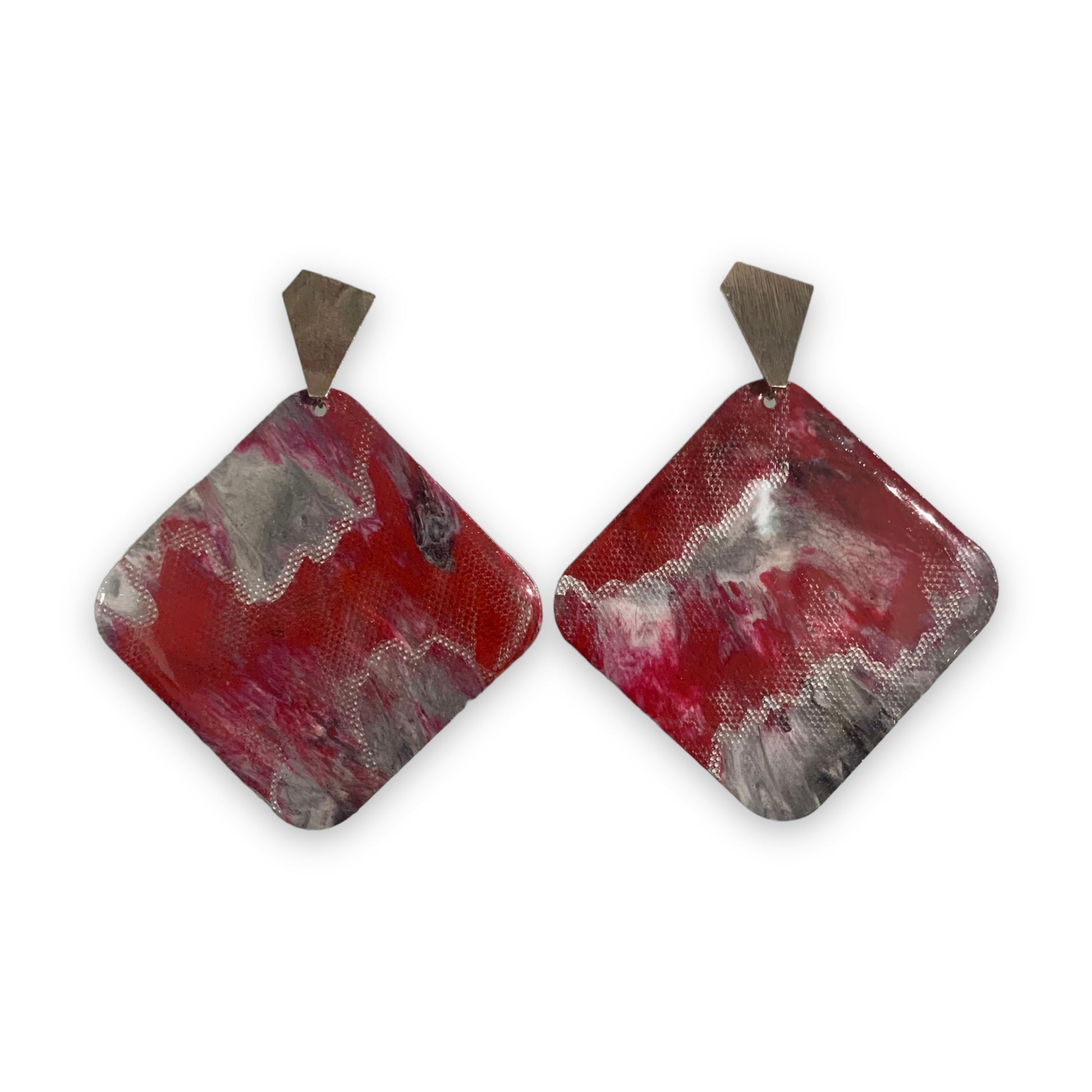 Red Silver Square Statement Earrings Studs Recycled Plastic Bottle tops Handmade Hand Crafted Ethically Made Shop small Eco lovers