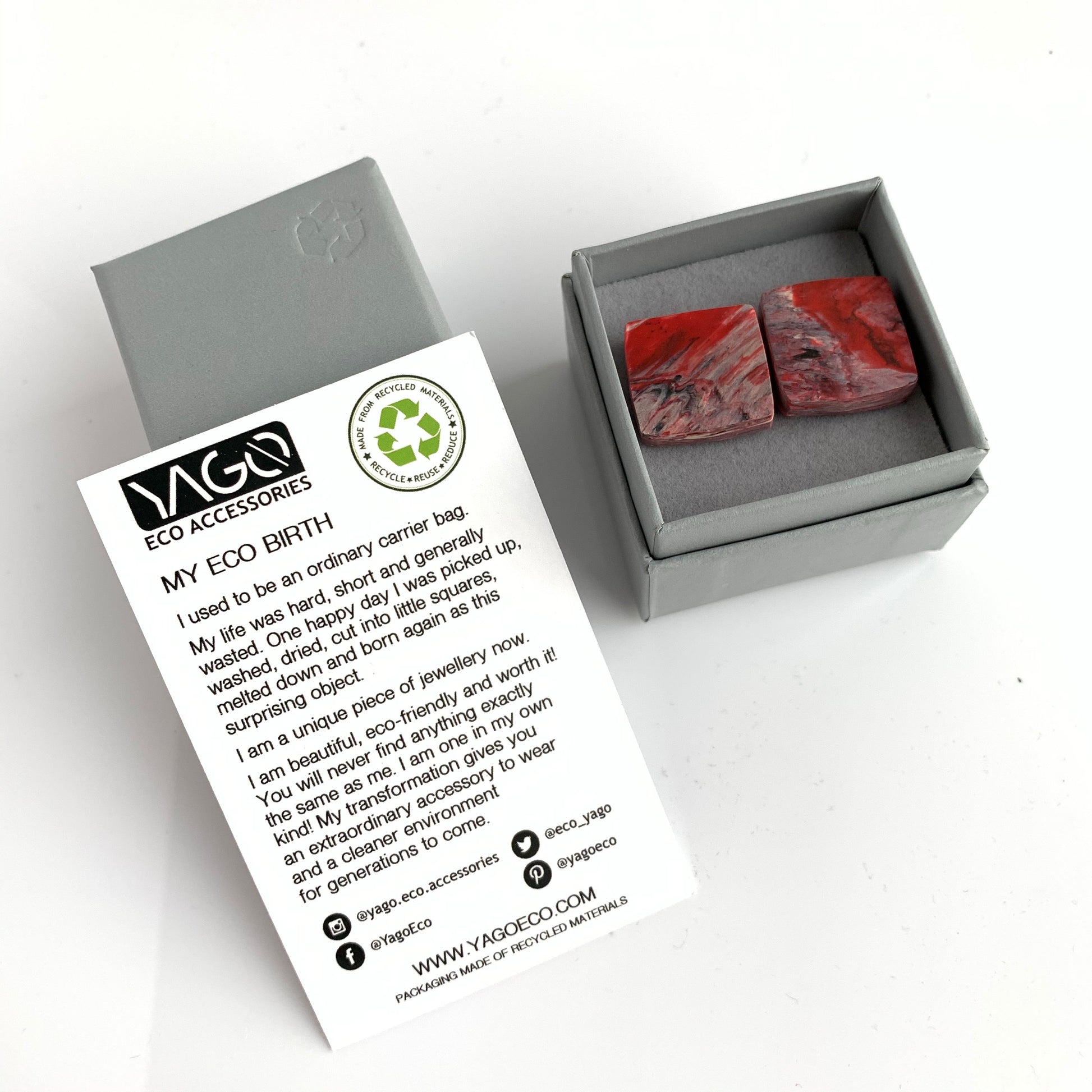 Unique Handmade Square Red Cufflinks with brass findings ecofriendly