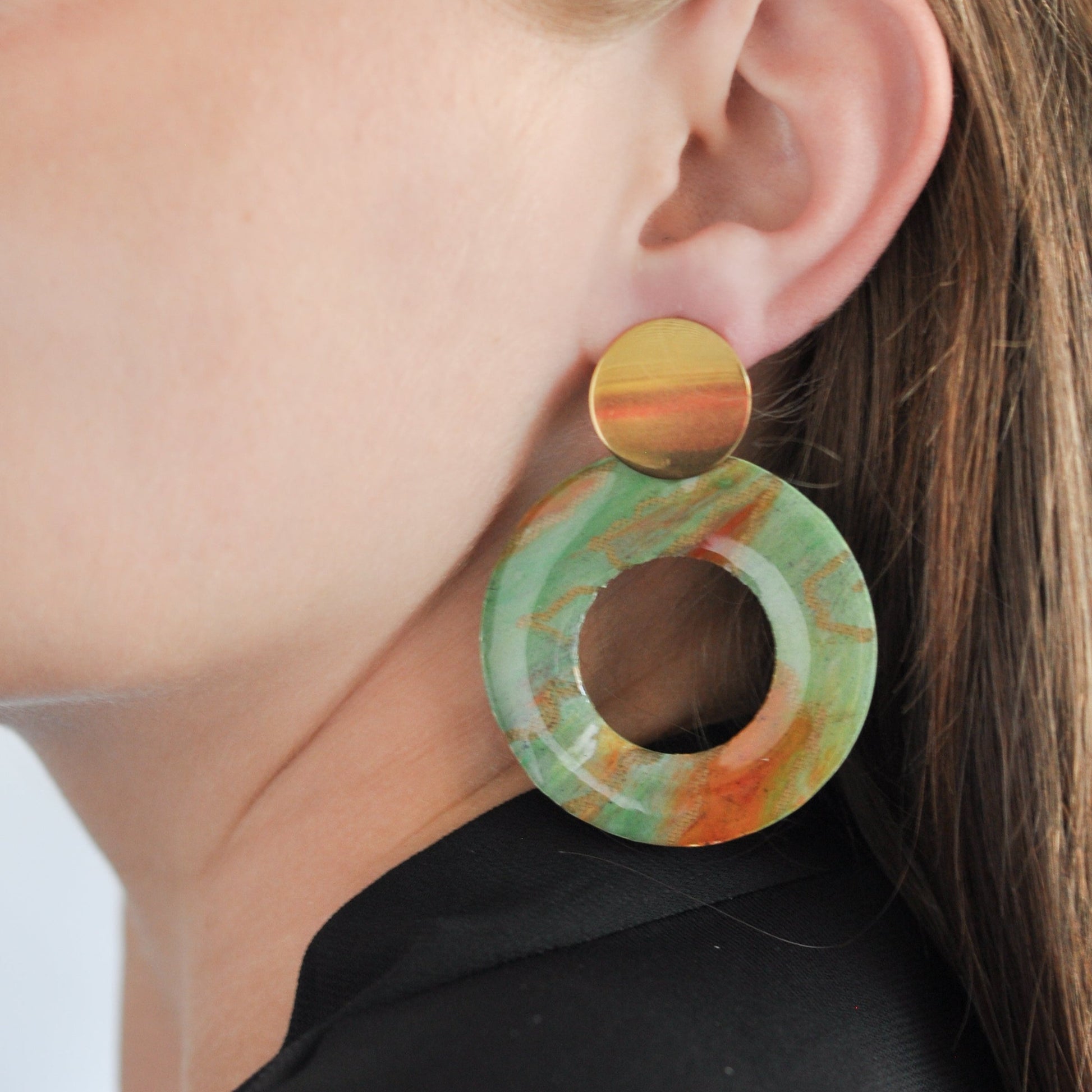 Sustainable handmade artesian earrings green orange circle studs handcrafted