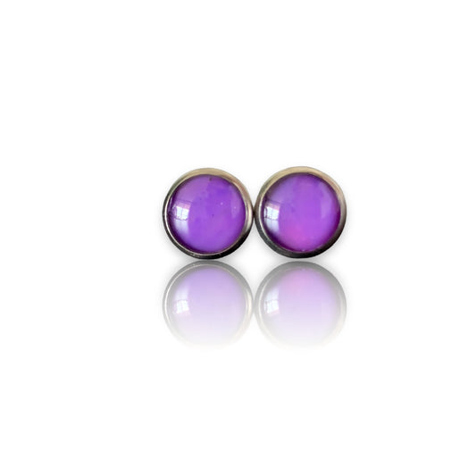 Handmade sustainable small studs purple artesian eco friendly recycled plastic