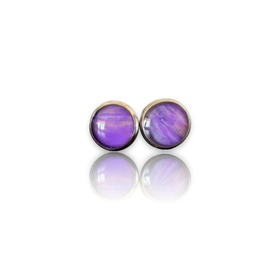 Handmade sustainable small studs purple artesian eco friendly recycled plastic