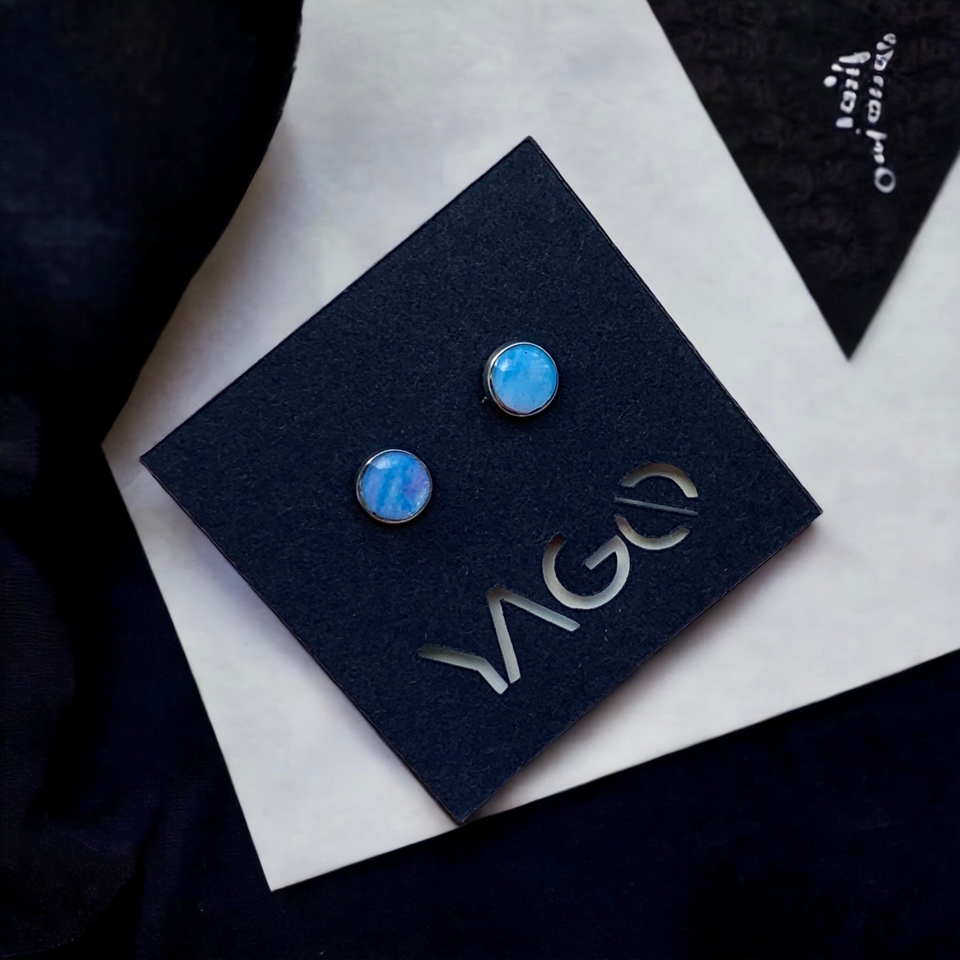 Sustainable jewellery recycled plastic blue studs earrings handmade in London 