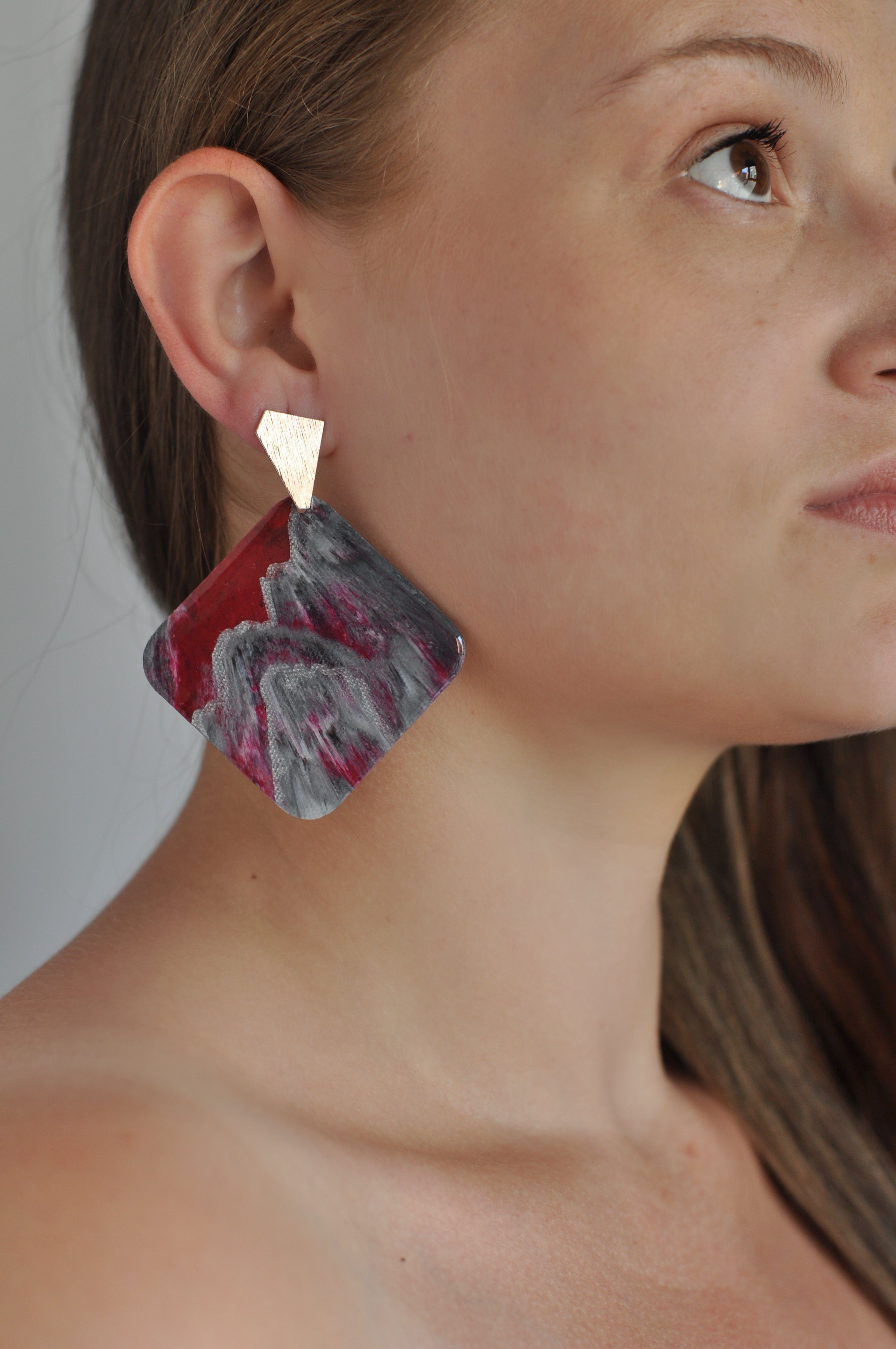 Perfect gift dangle studs earrings from recycled plastic jewellery handmade in London by Jagoda Jay Sudak Keshani